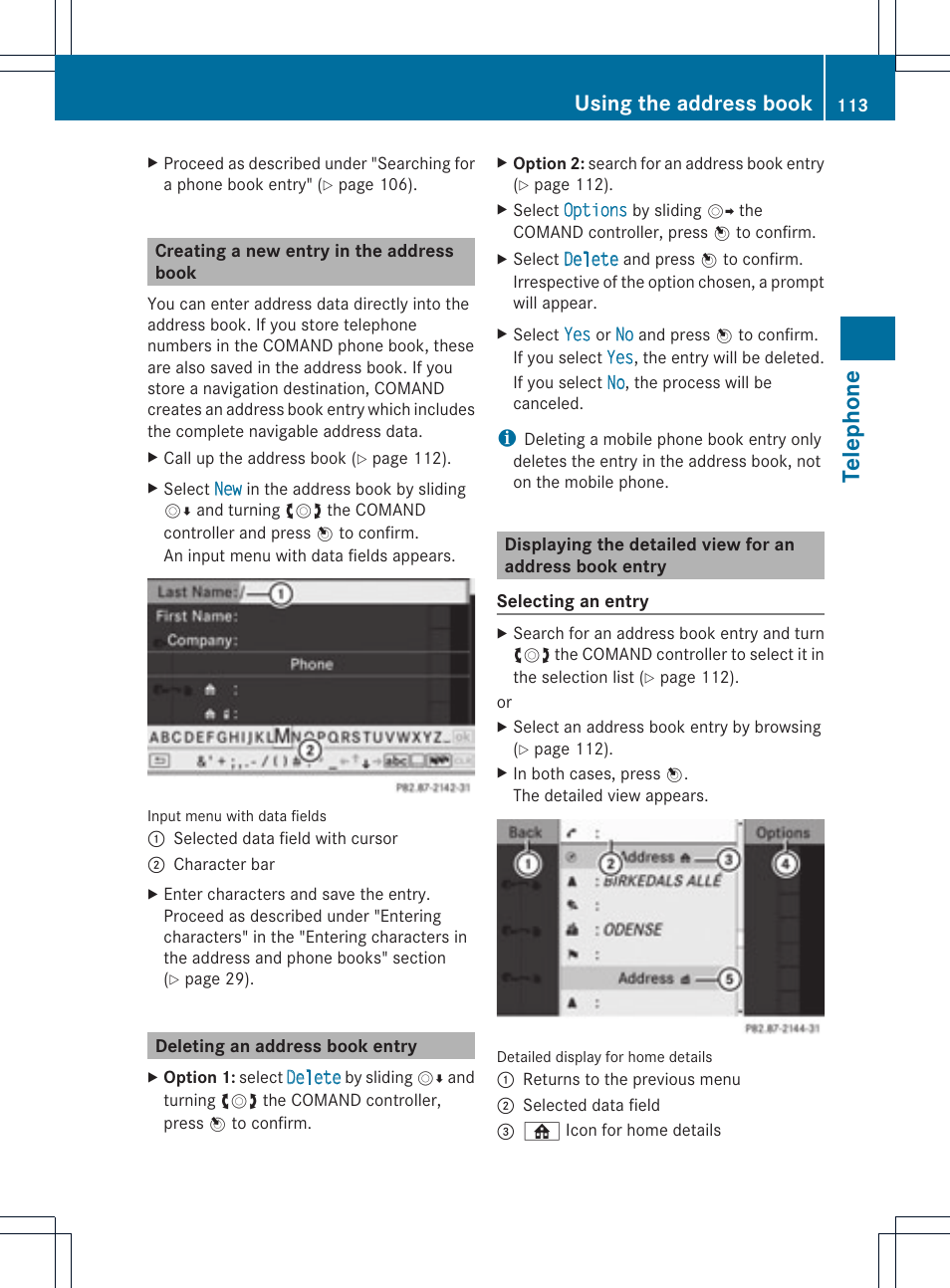 Telephone, Using the address book | Mercedes-Benz GLK-Class 2012 COMAND Manual User Manual | Page 115 / 182