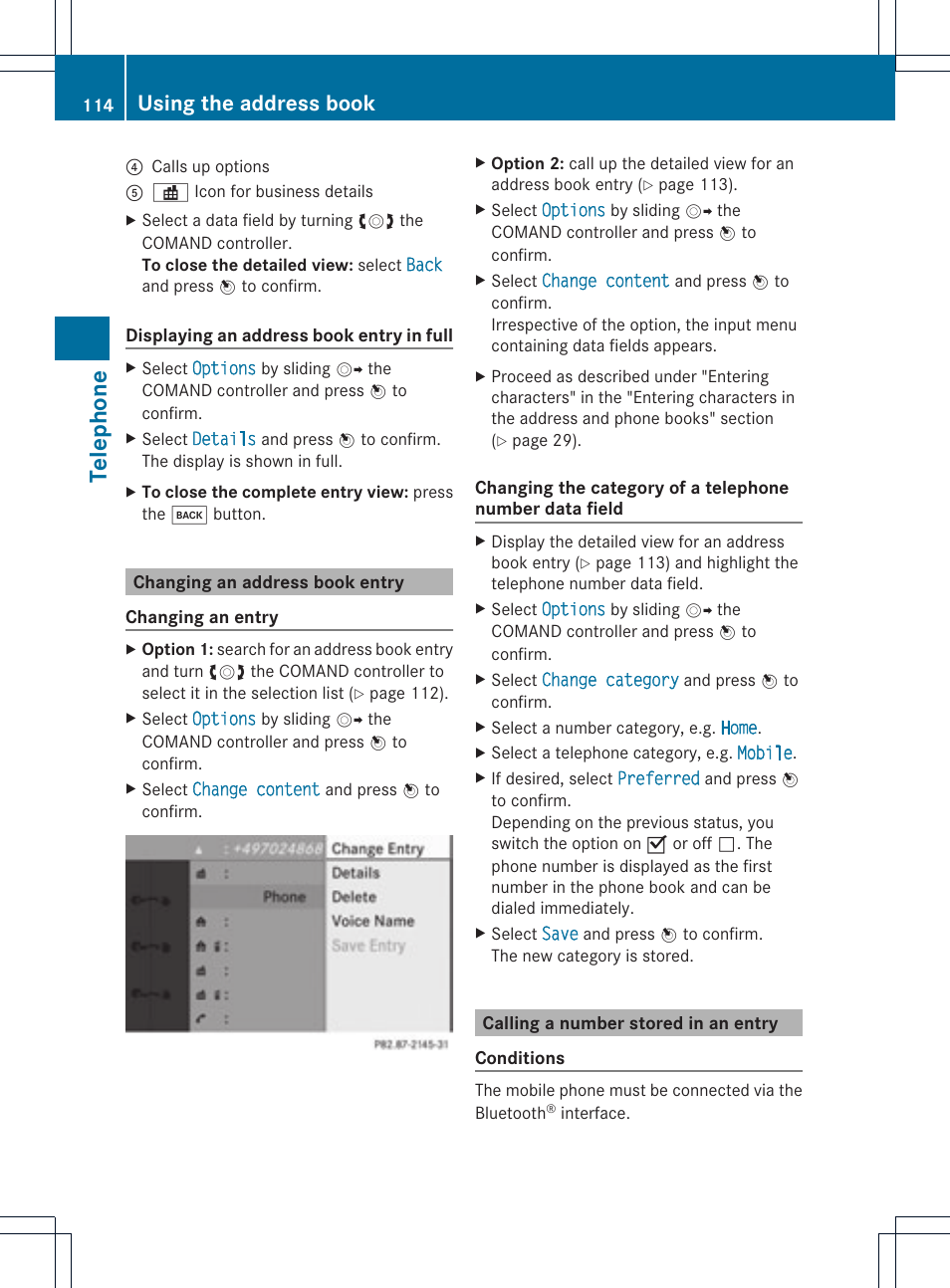 Tele phone, Using the address book | Mercedes-Benz GLK-Class 2012 COMAND Manual User Manual | Page 116 / 182