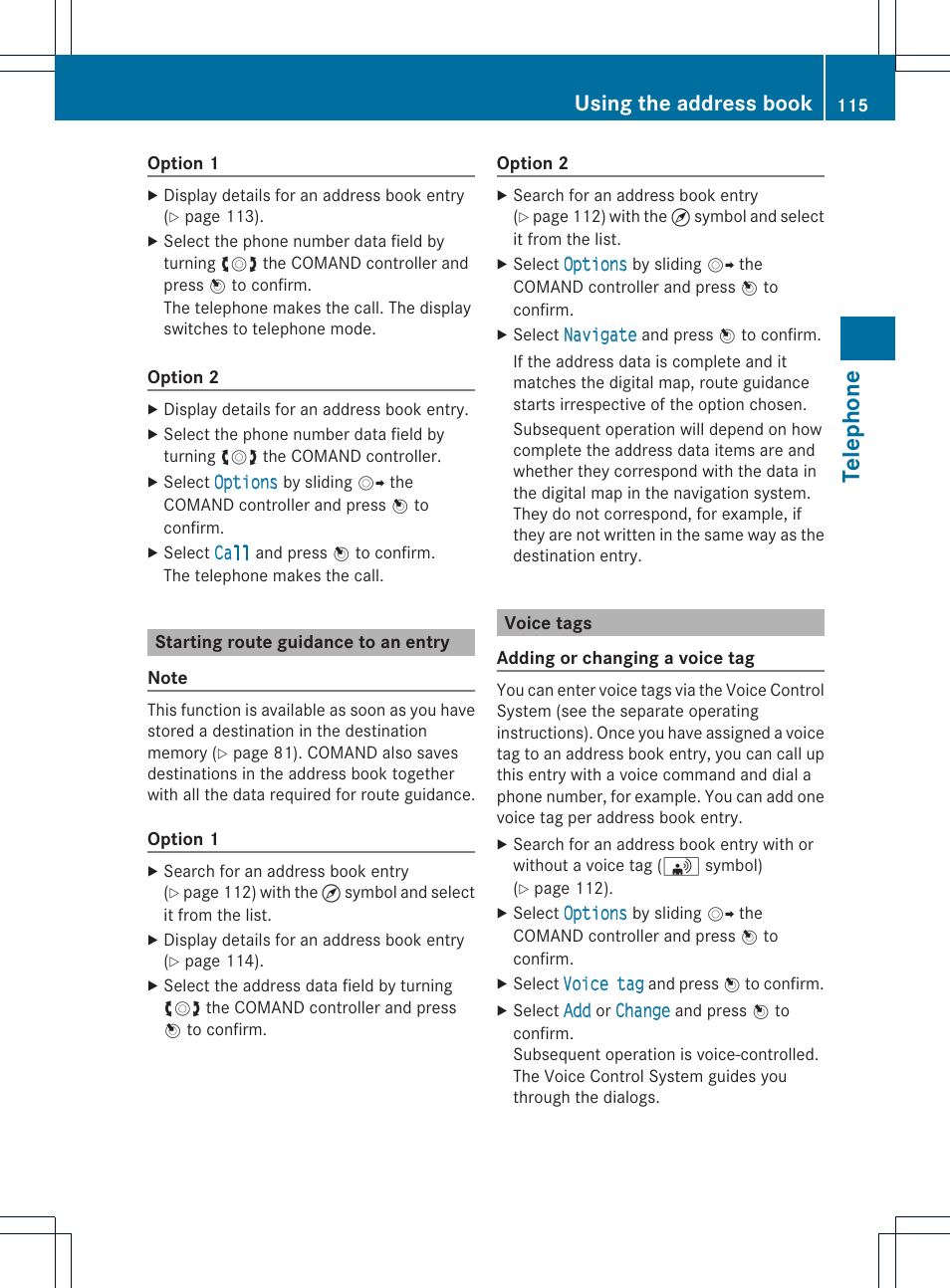 Teleph one, Using the address book | Mercedes-Benz GLK-Class 2012 COMAND Manual User Manual | Page 117 / 182