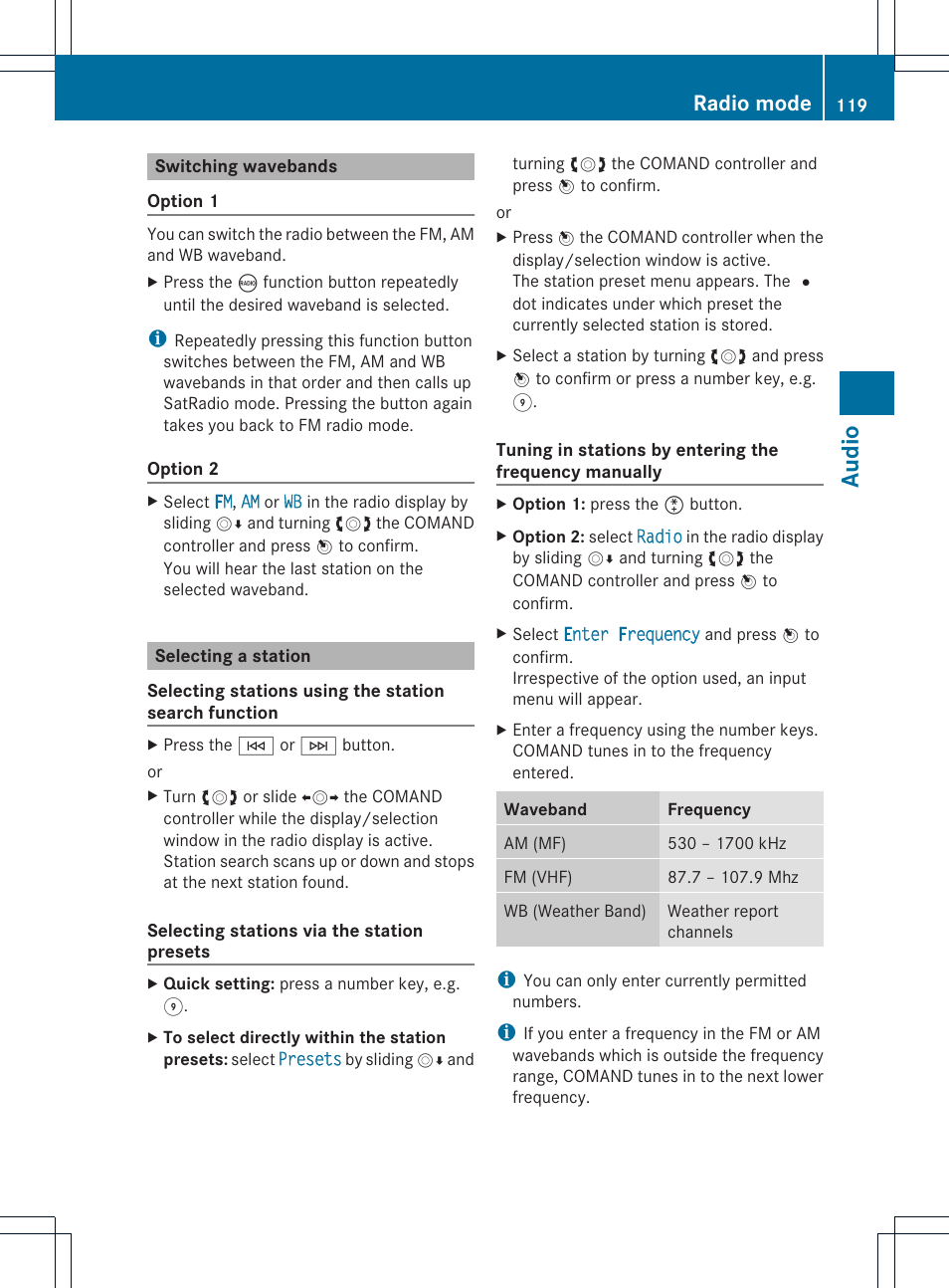Audio, Radio mode | Mercedes-Benz GLK-Class 2012 COMAND Manual User Manual | Page 121 / 182