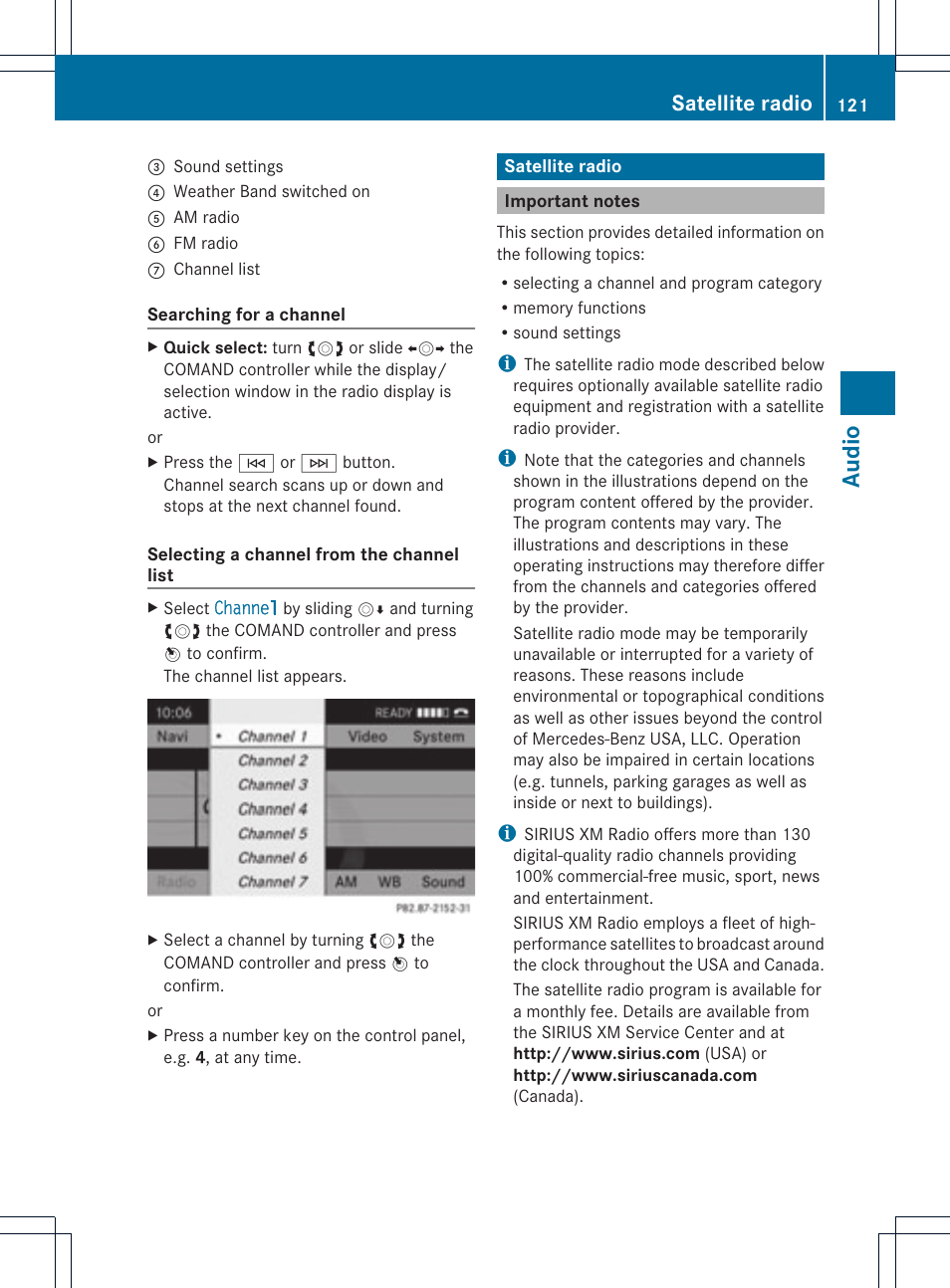 Audio, Satellite radio | Mercedes-Benz GLK-Class 2012 COMAND Manual User Manual | Page 123 / 182