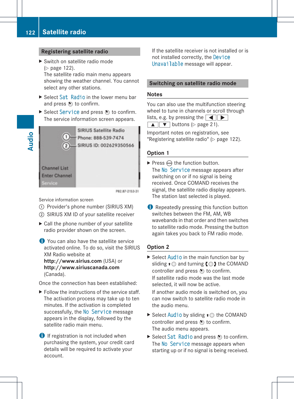 Audio, Satellite radio | Mercedes-Benz GLK-Class 2012 COMAND Manual User Manual | Page 124 / 182