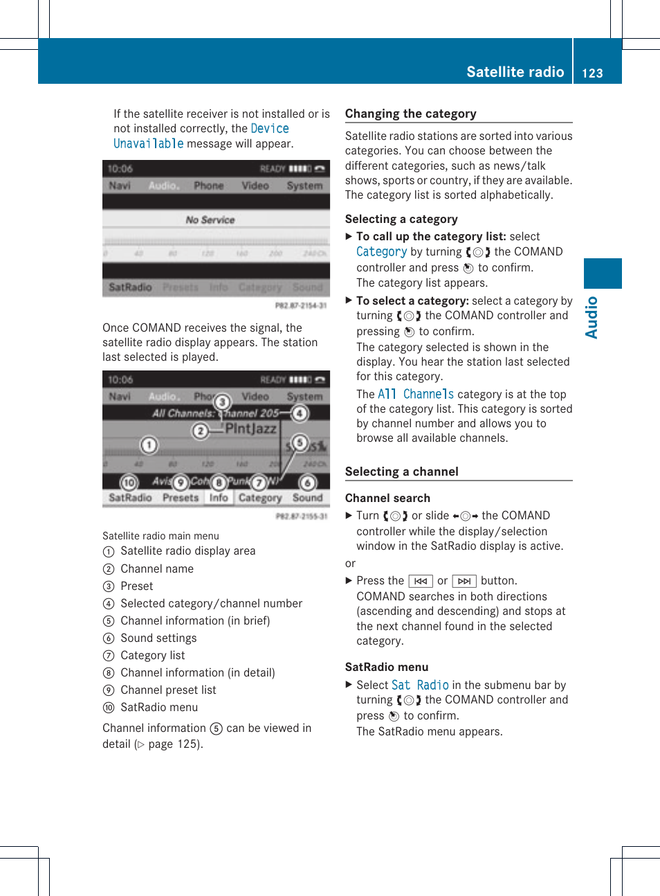 Audio, Satellite radio | Mercedes-Benz GLK-Class 2012 COMAND Manual User Manual | Page 125 / 182