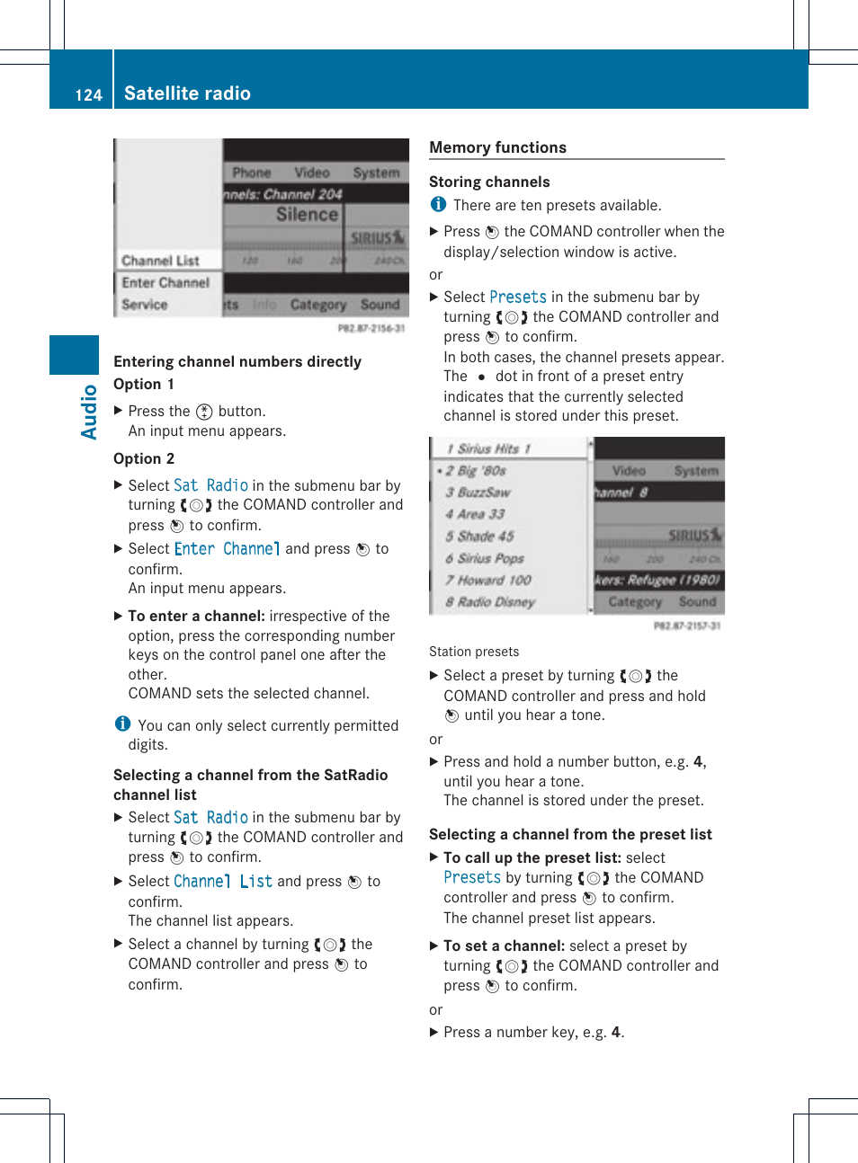 Audio, Satellite radio | Mercedes-Benz GLK-Class 2012 COMAND Manual User Manual | Page 126 / 182
