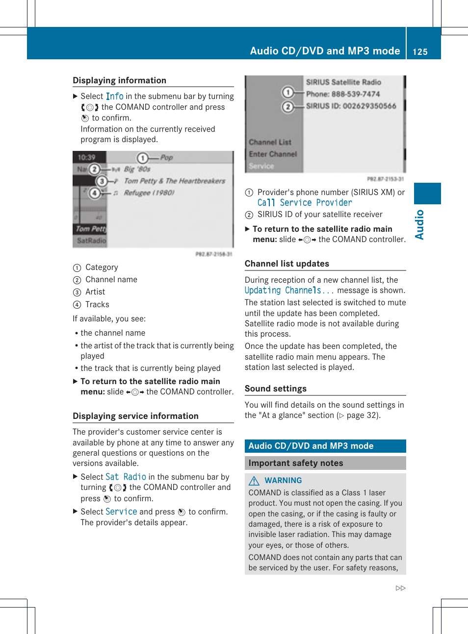 Audio, Audio cd/dvd and mp3 mode | Mercedes-Benz GLK-Class 2012 COMAND Manual User Manual | Page 127 / 182