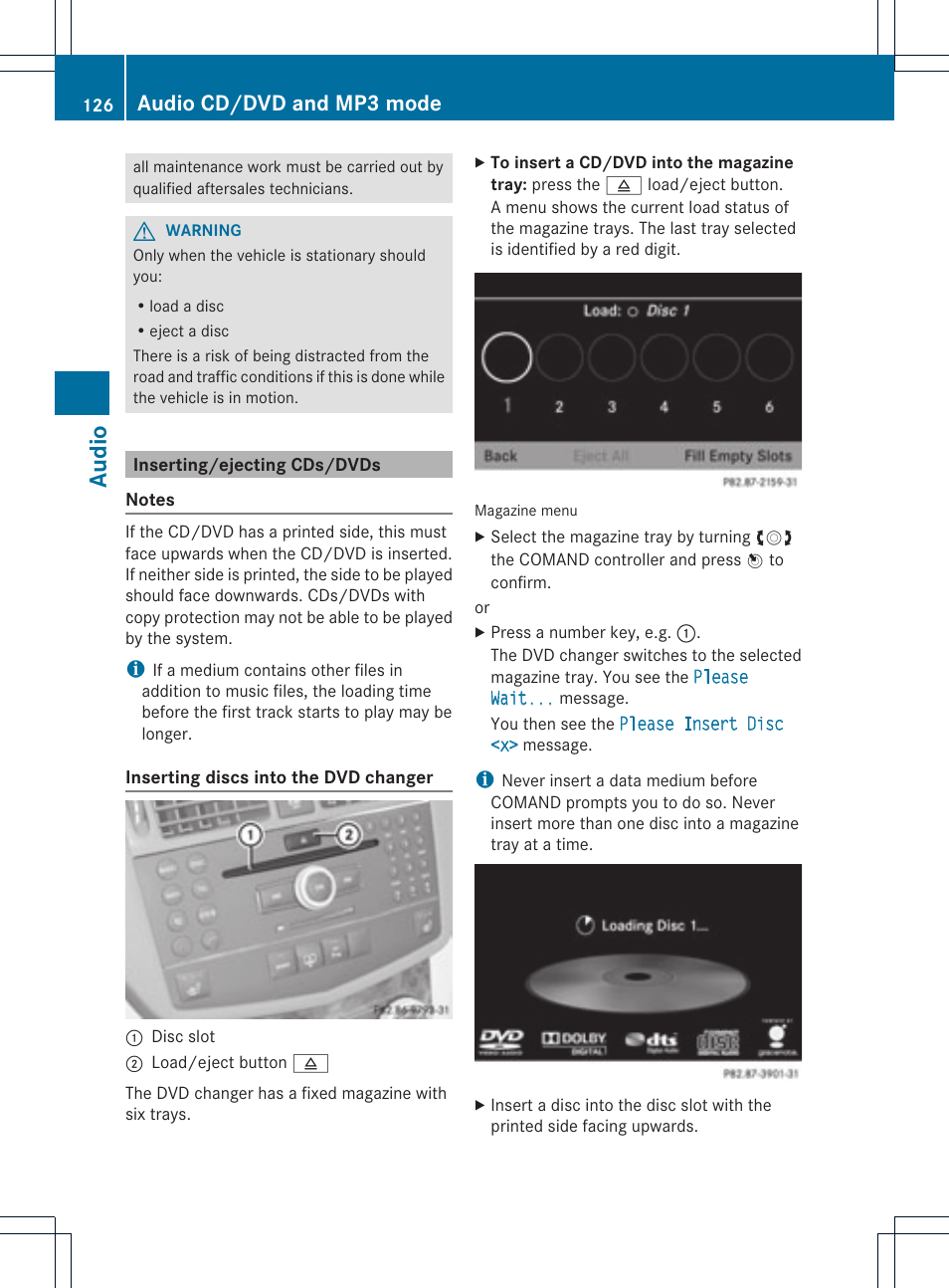 Audio, Audio cd/dvd and mp3 mode | Mercedes-Benz GLK-Class 2012 COMAND Manual User Manual | Page 128 / 182