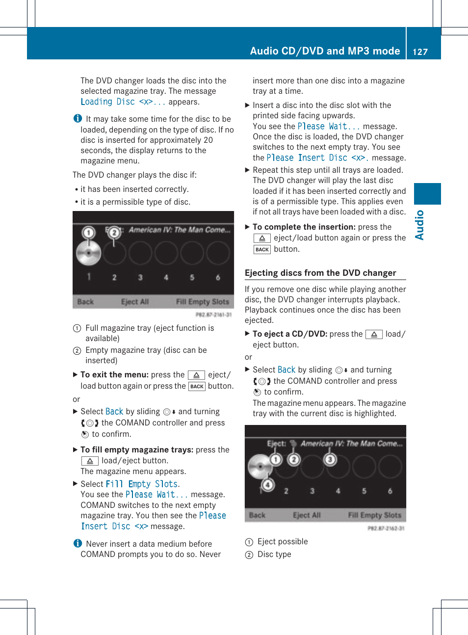 Audio, Audio cd/dvd and mp3 mode | Mercedes-Benz GLK-Class 2012 COMAND Manual User Manual | Page 129 / 182