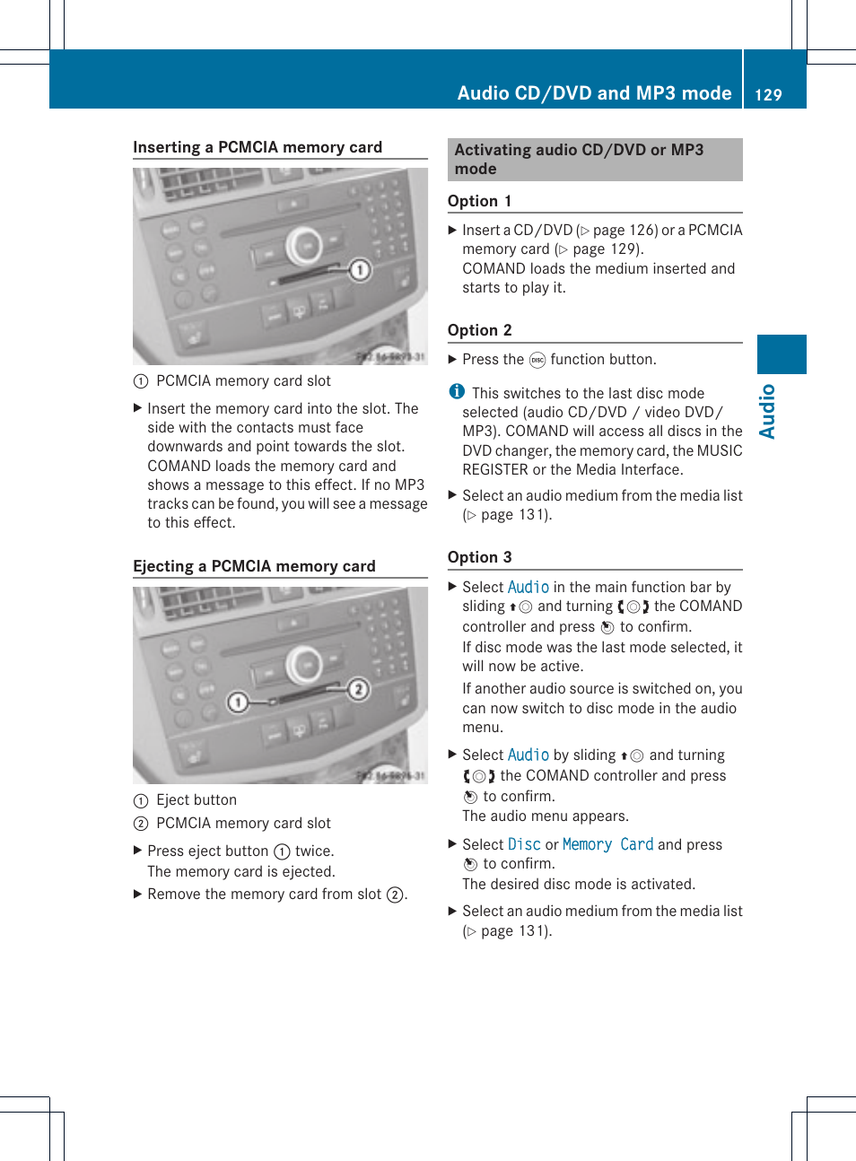 Audio, Audio cd/dvd and mp3 mode | Mercedes-Benz GLK-Class 2012 COMAND Manual User Manual | Page 131 / 182