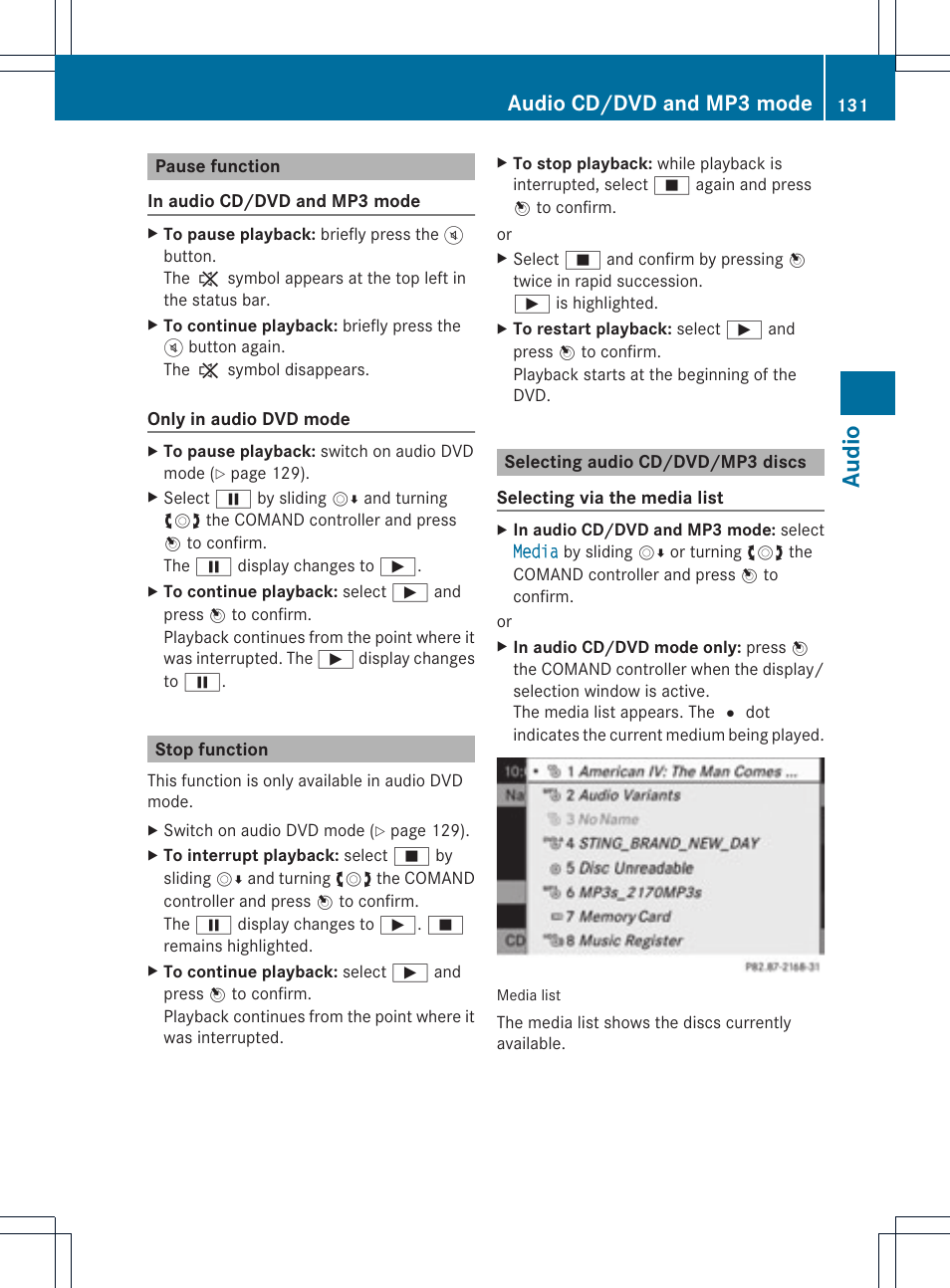 Audio, Audio cd/dvd and mp3 mode | Mercedes-Benz GLK-Class 2012 COMAND Manual User Manual | Page 133 / 182