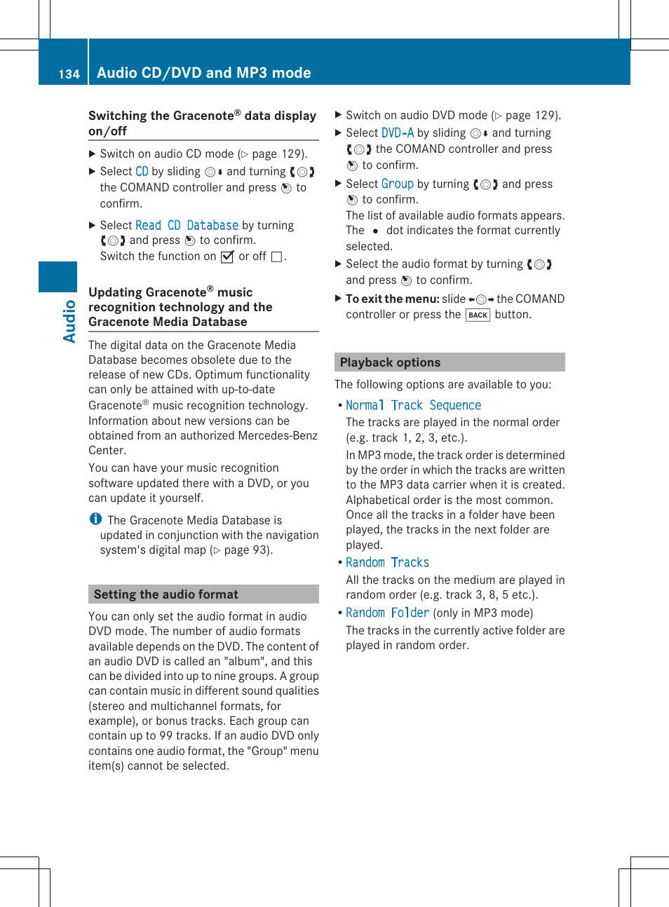 Audio, Audio cd/dvd and mp3 mode | Mercedes-Benz GLK-Class 2012 COMAND Manual User Manual | Page 136 / 182