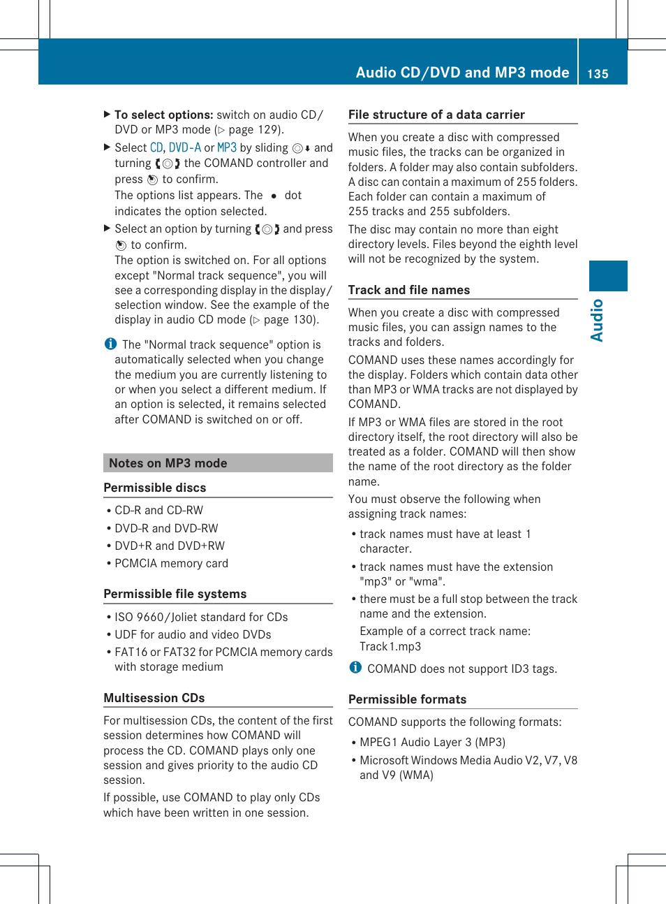 Audio, Audio cd/dvd and mp3 mode | Mercedes-Benz GLK-Class 2012 COMAND Manual User Manual | Page 137 / 182