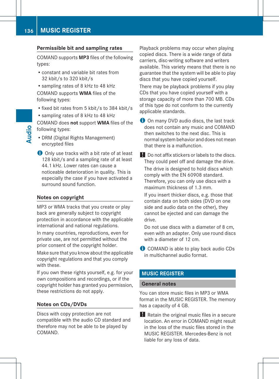 Audio, Music register | Mercedes-Benz GLK-Class 2012 COMAND Manual User Manual | Page 138 / 182