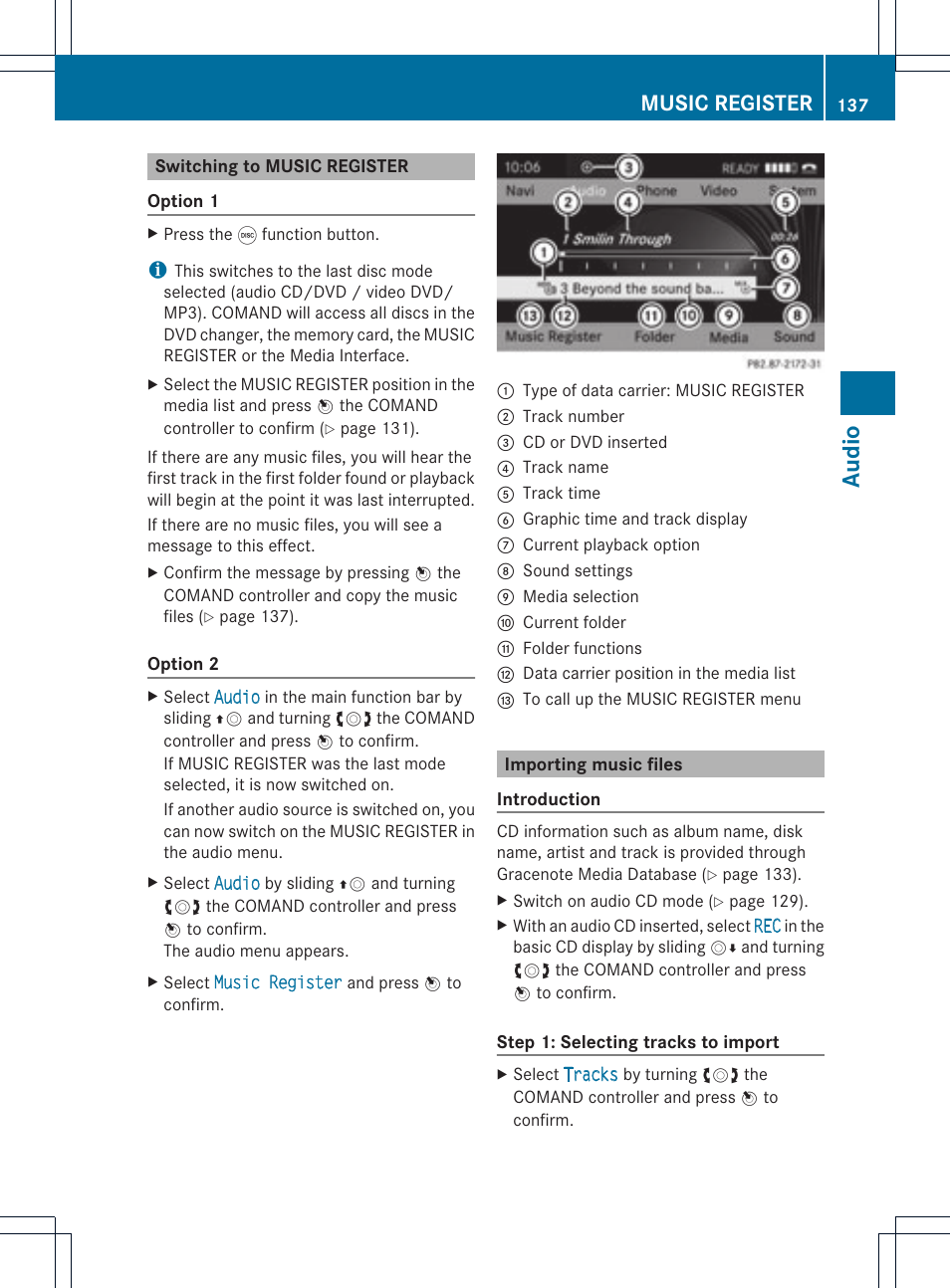 Aud io, Music register | Mercedes-Benz GLK-Class 2012 COMAND Manual User Manual | Page 139 / 182