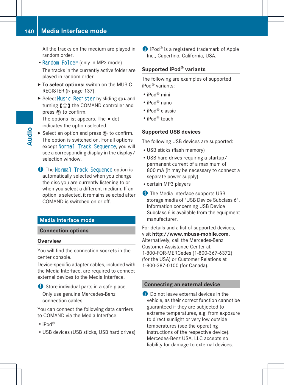 Audio, Media interface mode | Mercedes-Benz GLK-Class 2012 COMAND Manual User Manual | Page 142 / 182