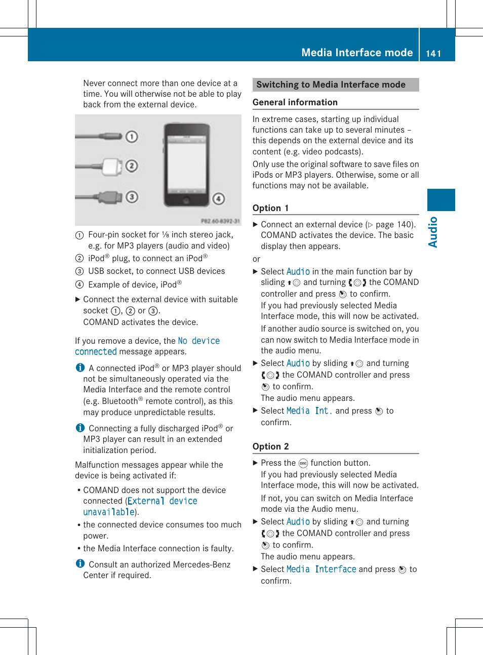 Audio, Media interface mode | Mercedes-Benz GLK-Class 2012 COMAND Manual User Manual | Page 143 / 182