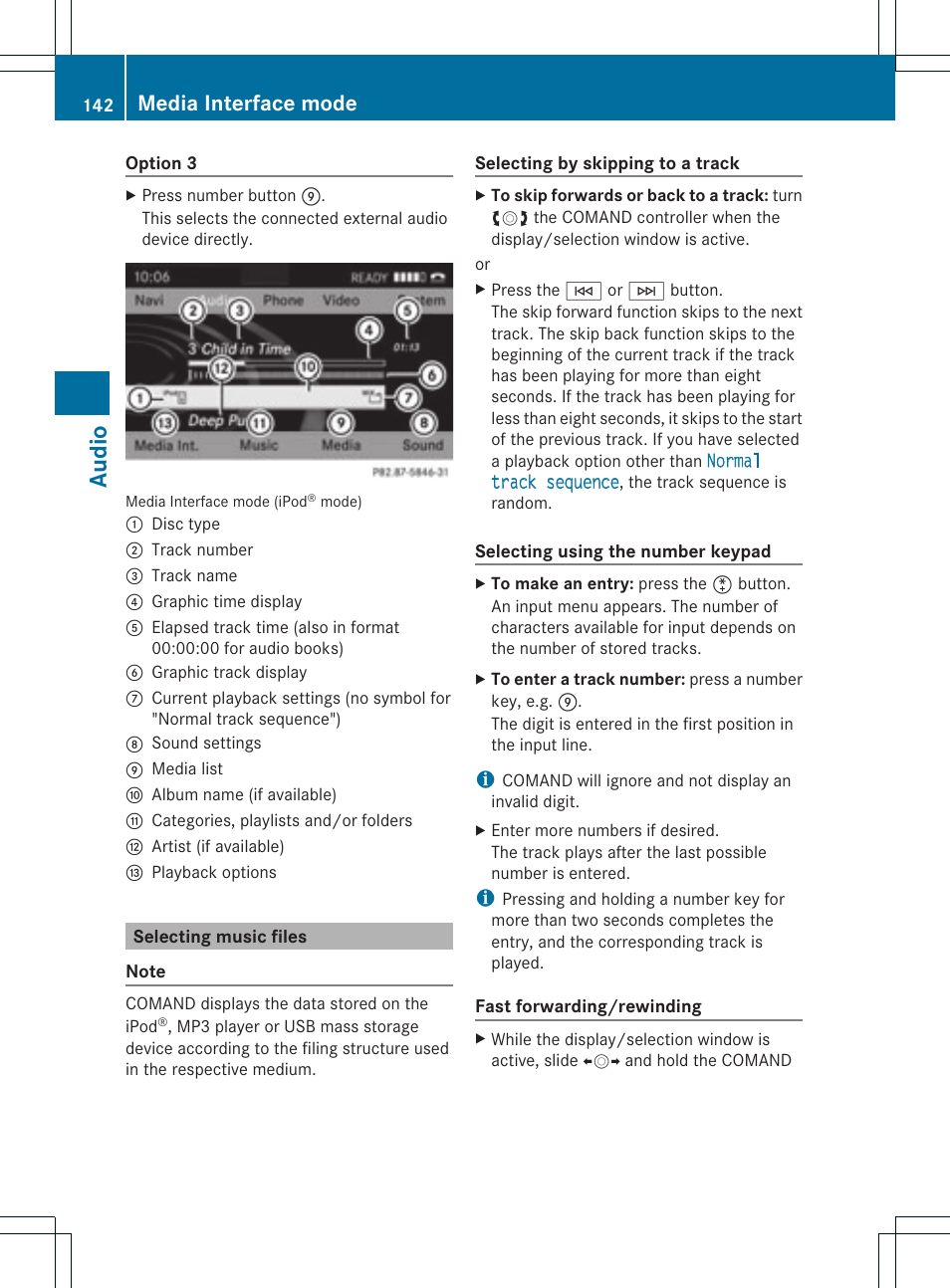 Audio, Media interface mode | Mercedes-Benz GLK-Class 2012 COMAND Manual User Manual | Page 144 / 182