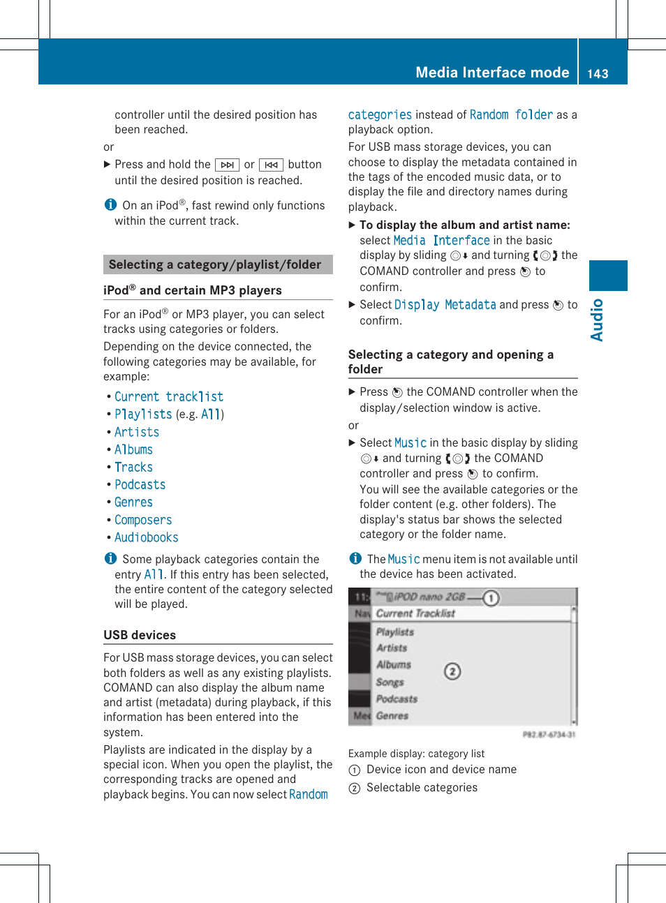Aud io, Media interface mode | Mercedes-Benz GLK-Class 2012 COMAND Manual User Manual | Page 145 / 182