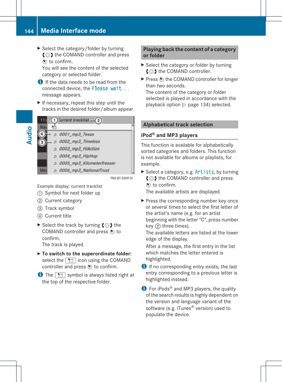 Au dio, Media interface mode | Mercedes-Benz GLK-Class 2012 COMAND Manual User Manual | Page 146 / 182