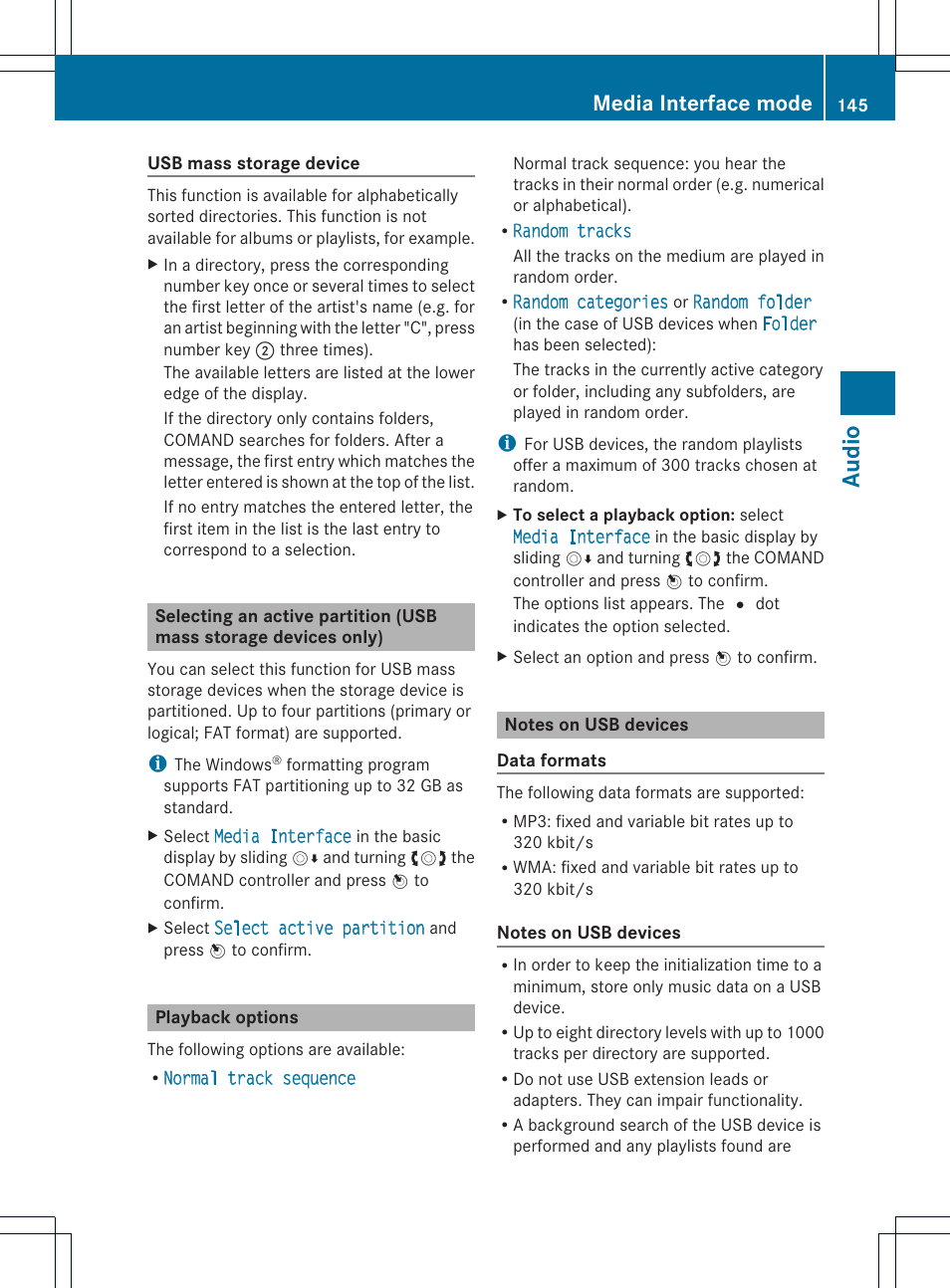 Audio, Media interface mode | Mercedes-Benz GLK-Class 2012 COMAND Manual User Manual | Page 147 / 182