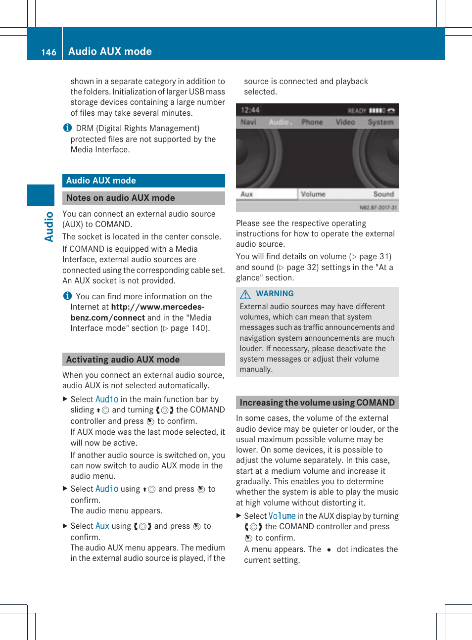 Audio, Audio aux mode | Mercedes-Benz GLK-Class 2012 COMAND Manual User Manual | Page 148 / 182