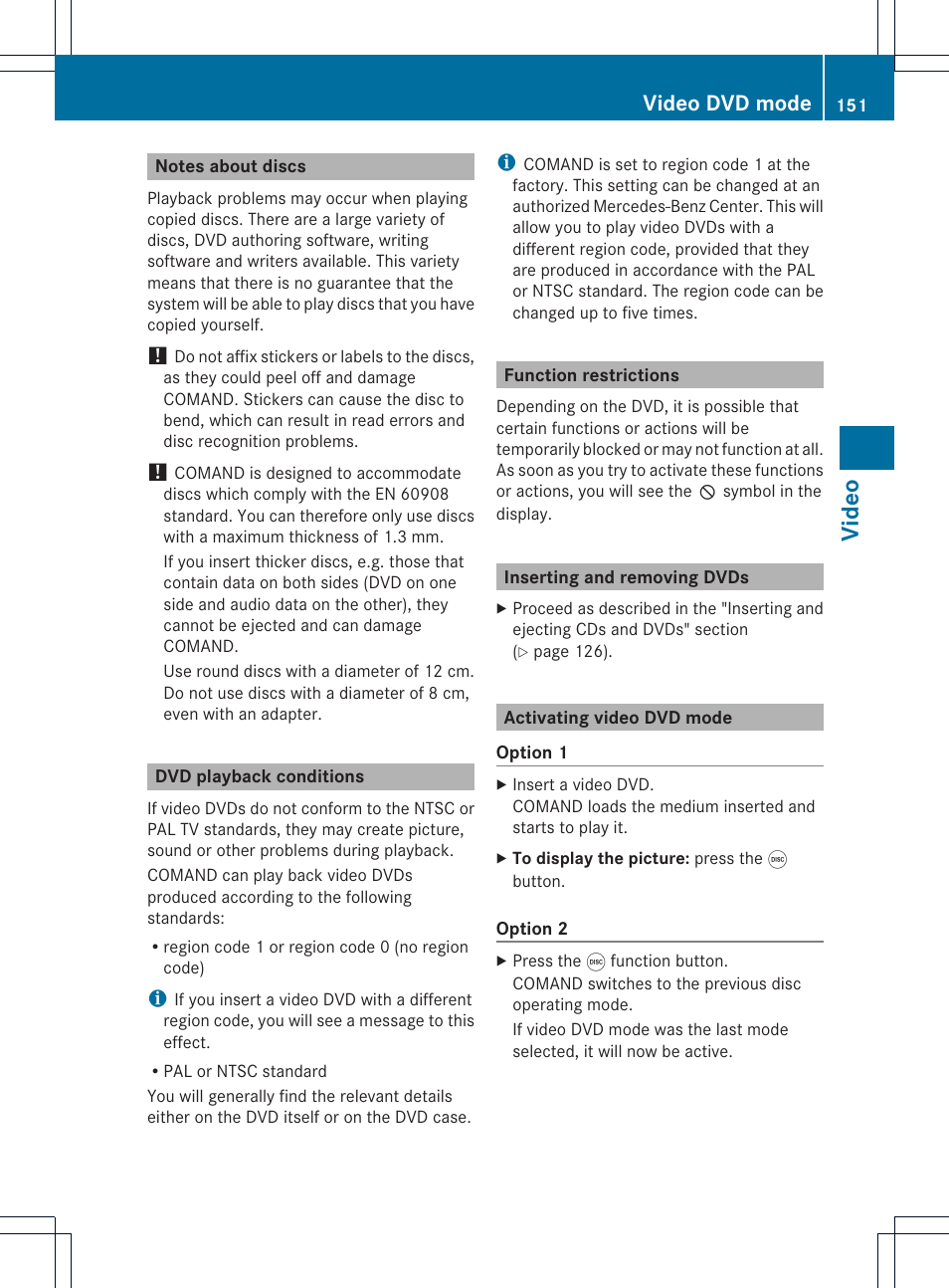 Video, Video dvd mode | Mercedes-Benz GLK-Class 2012 COMAND Manual User Manual | Page 153 / 182