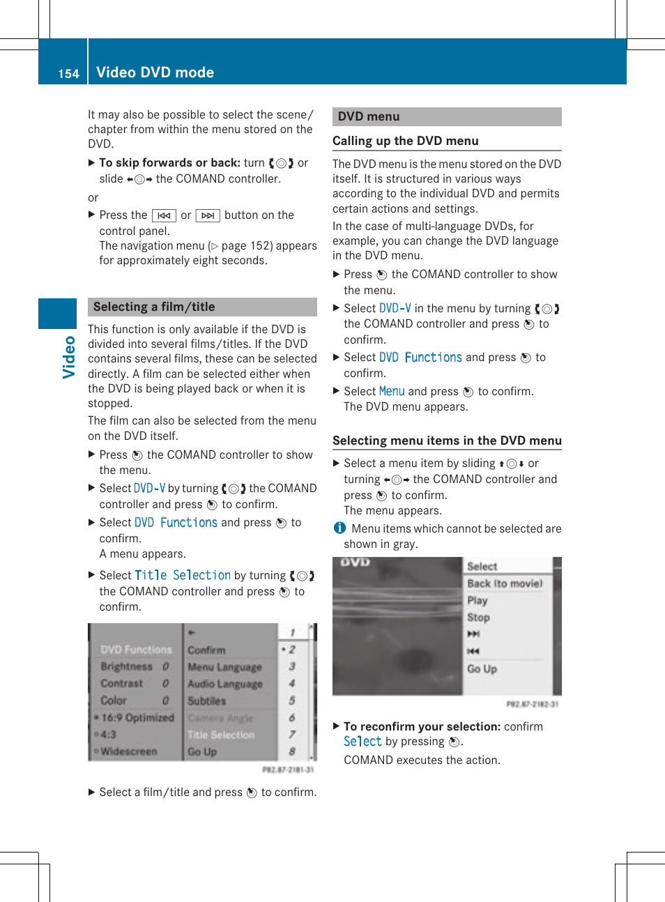 Vid eo, Video dvd mode | Mercedes-Benz GLK-Class 2012 COMAND Manual User Manual | Page 156 / 182