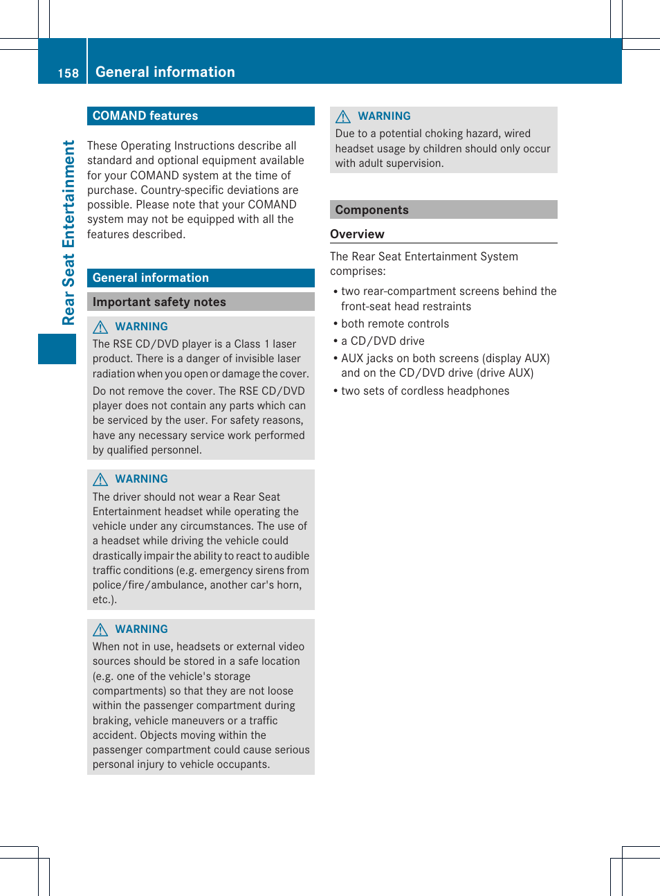 Rea rse at ent er tai nme nt, General information | Mercedes-Benz GLK-Class 2012 COMAND Manual User Manual | Page 160 / 182