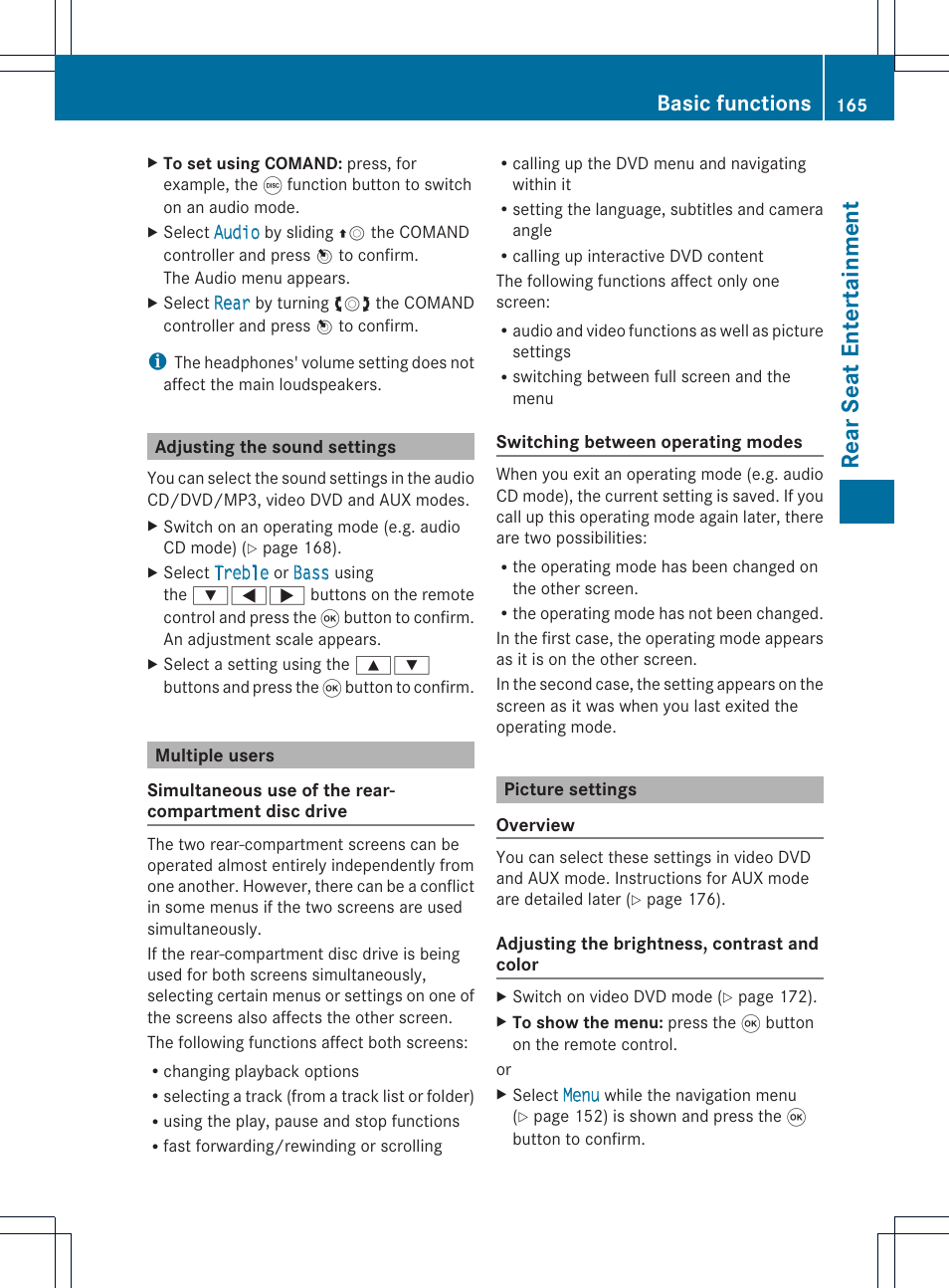 Rear seat entert ainment, Basic functions | Mercedes-Benz GLK-Class 2012 COMAND Manual User Manual | Page 167 / 182