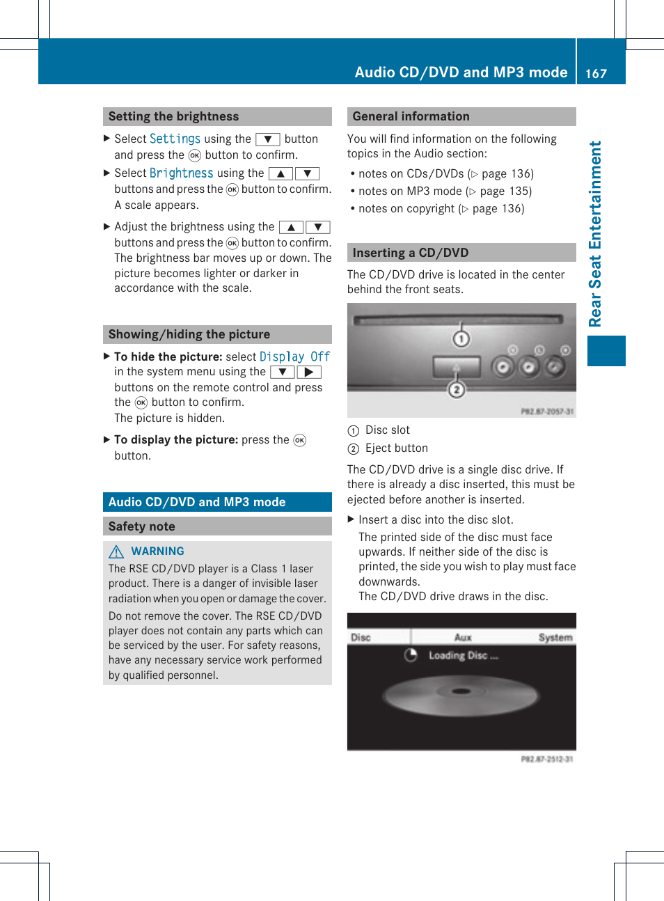 Rear seat entert ainm ent, Audio cd/dvd and mp3 mode | Mercedes-Benz GLK-Class 2012 COMAND Manual User Manual | Page 169 / 182
