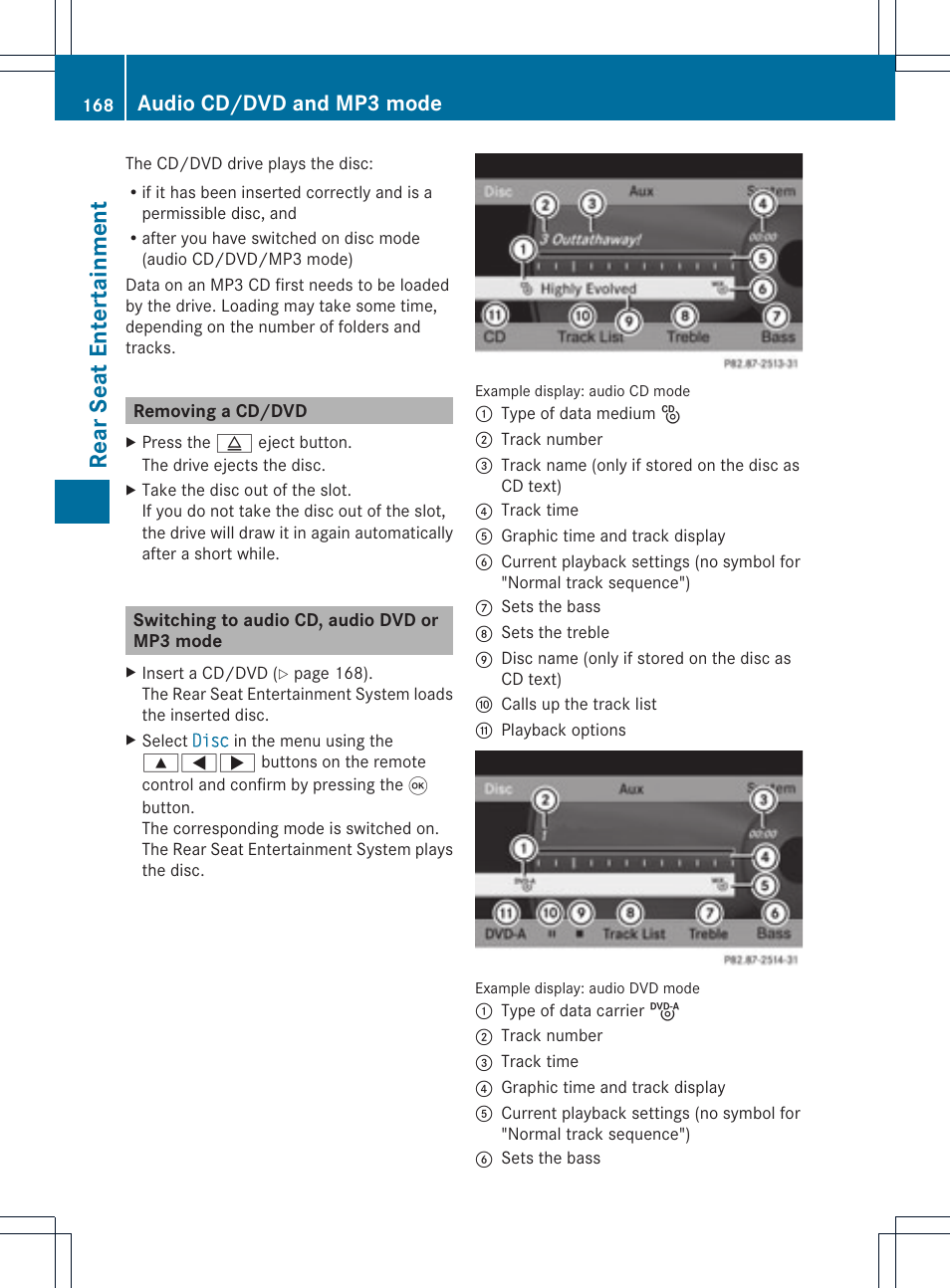 Rea rseat enter ta inment, Audio cd/dvd and mp3 mode | Mercedes-Benz GLK-Class 2012 COMAND Manual User Manual | Page 170 / 182