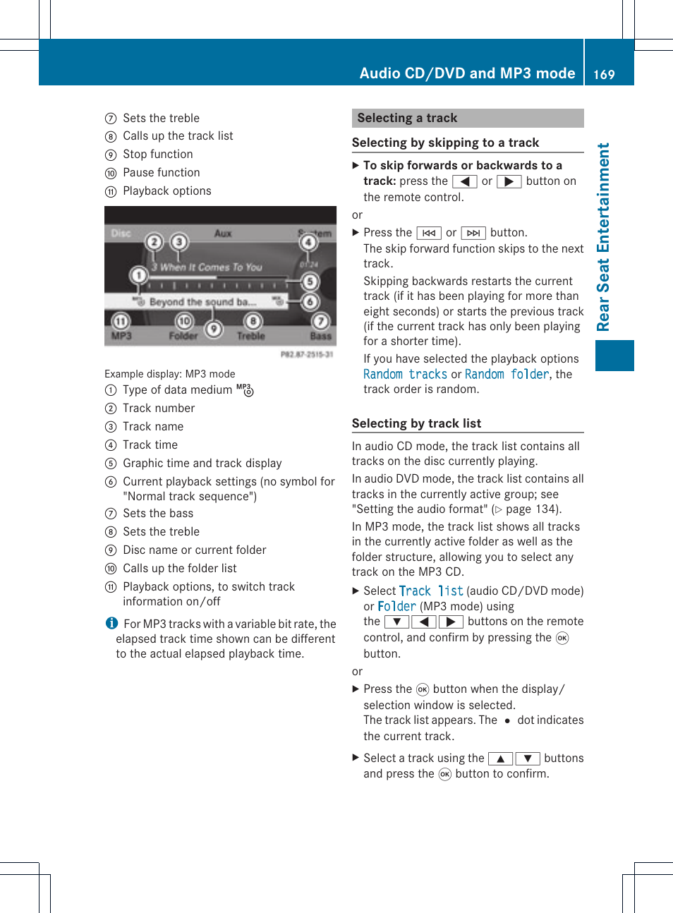 Rear seat entertainm ent, Audio cd/dvd and mp3 mode | Mercedes-Benz GLK-Class 2012 COMAND Manual User Manual | Page 171 / 182