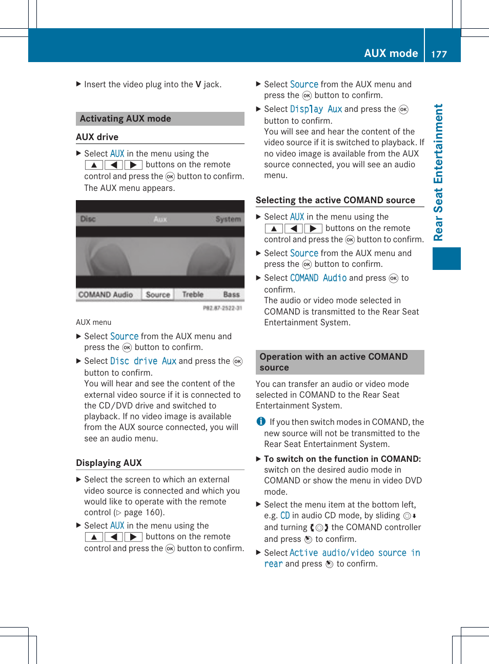 Rear seat entert ainment, Aux mode | Mercedes-Benz GLK-Class 2012 COMAND Manual User Manual | Page 179 / 182