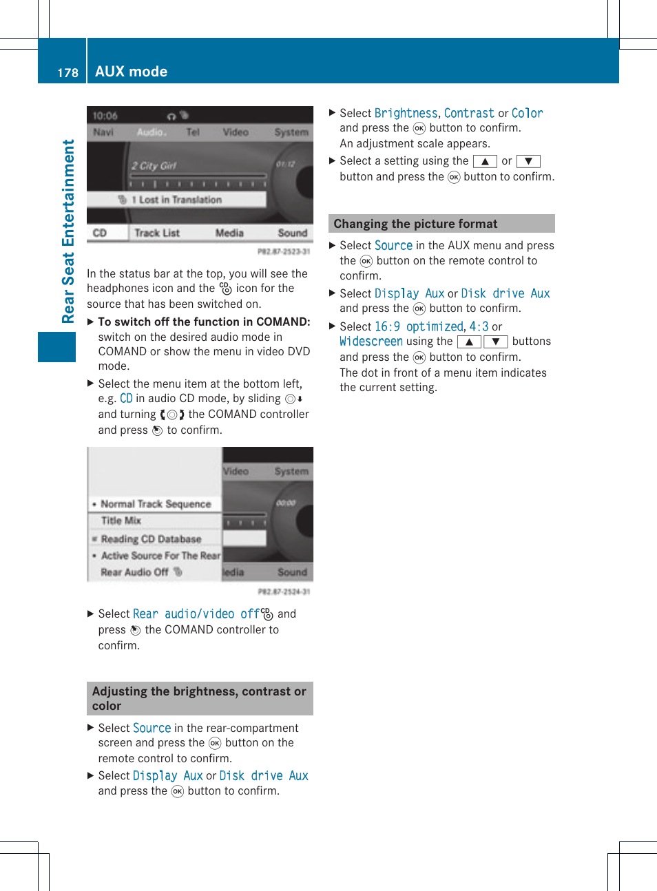 Rear seat entertainment, Aux mode | Mercedes-Benz GLK-Class 2012 COMAND Manual User Manual | Page 180 / 182