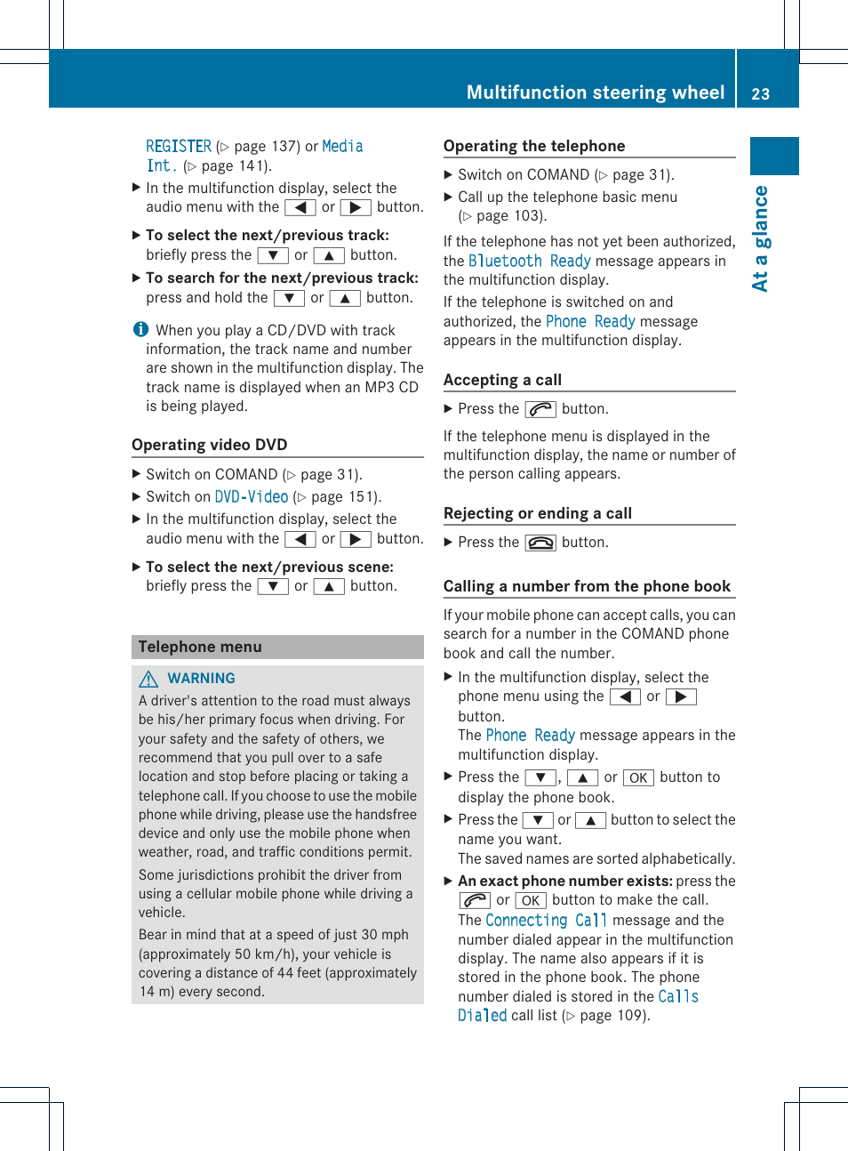 At a glance, Multifunction steering wheel | Mercedes-Benz GLK-Class 2012 COMAND Manual User Manual | Page 25 / 182