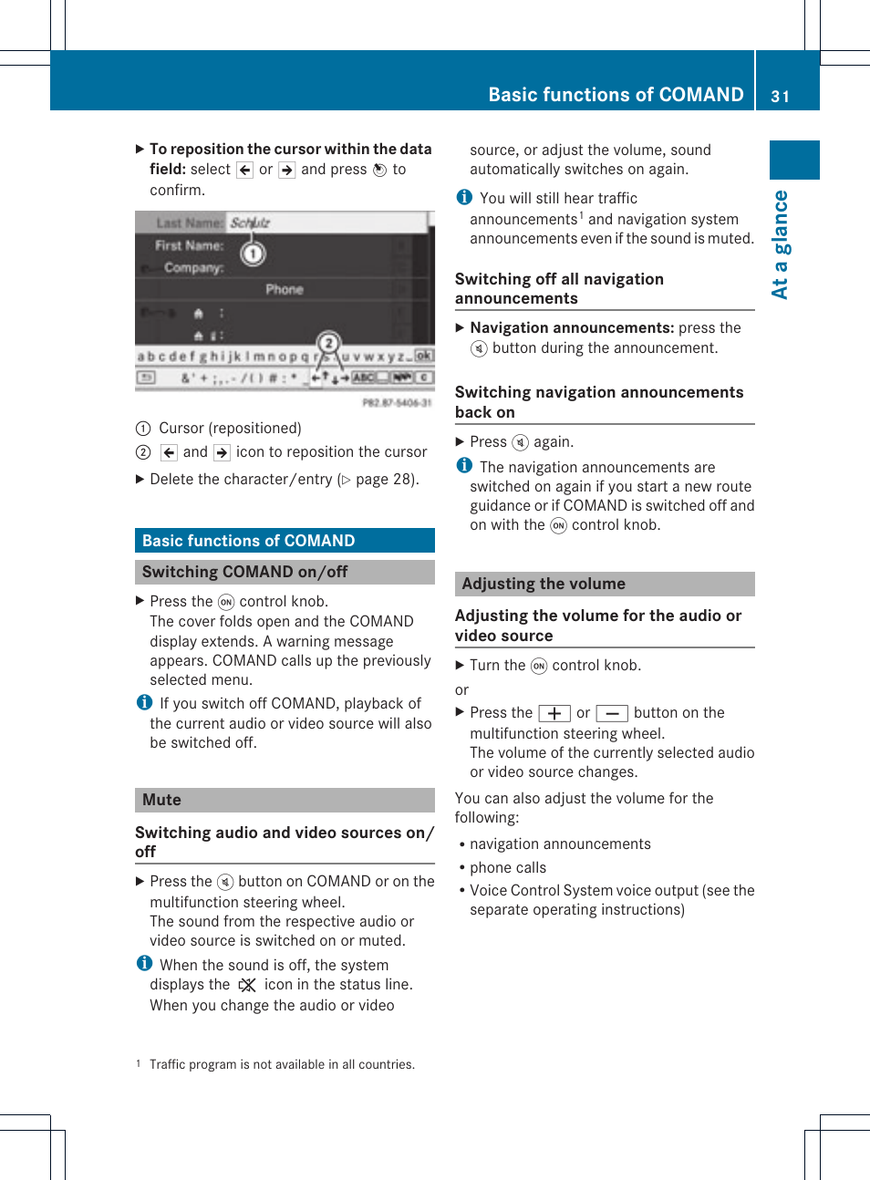 At a glanc e, Basic functions of comand | Mercedes-Benz GLK-Class 2012 COMAND Manual User Manual | Page 33 / 182