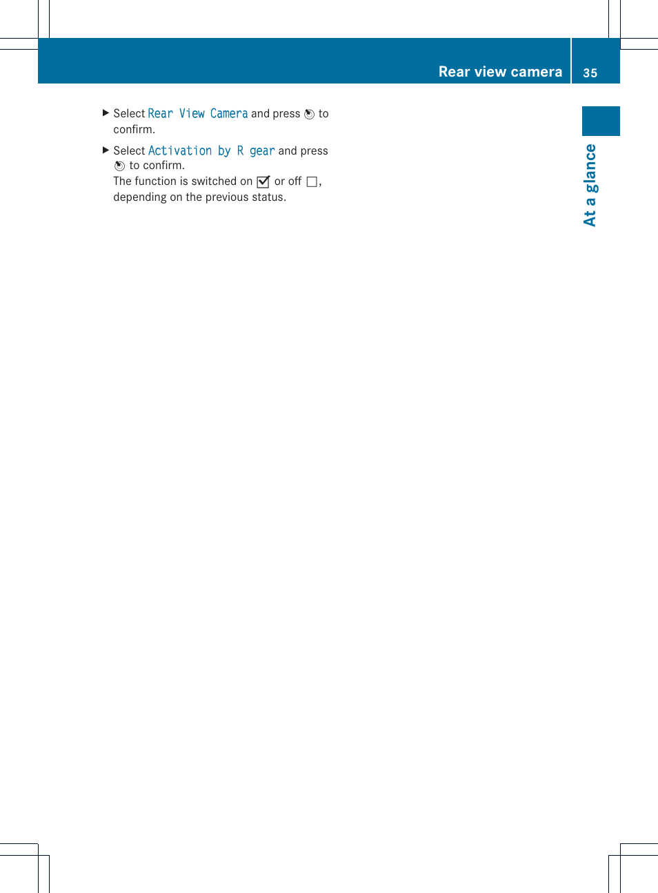 At a gl anc e, Rear view camera | Mercedes-Benz GLK-Class 2012 COMAND Manual User Manual | Page 37 / 182