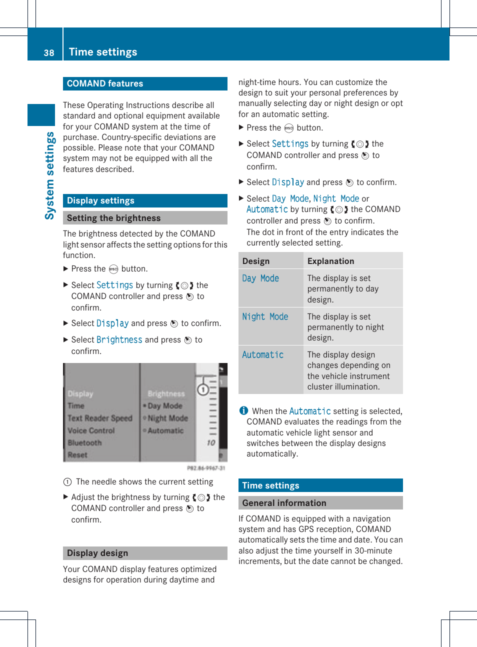 System sett ings, Time settings | Mercedes-Benz GLK-Class 2012 COMAND Manual User Manual | Page 40 / 182