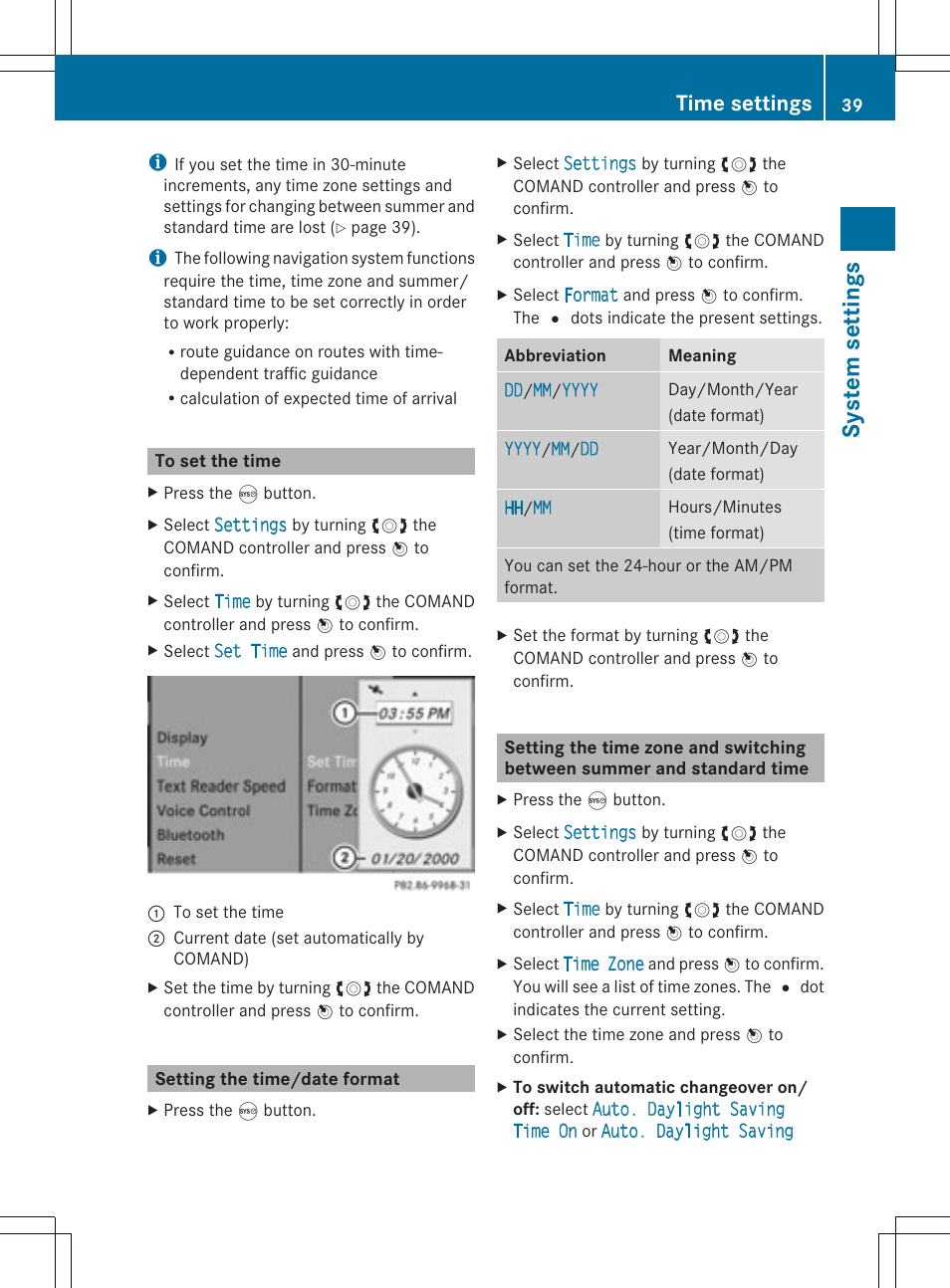 System setting s, Time settings | Mercedes-Benz GLK-Class 2012 COMAND Manual User Manual | Page 41 / 182