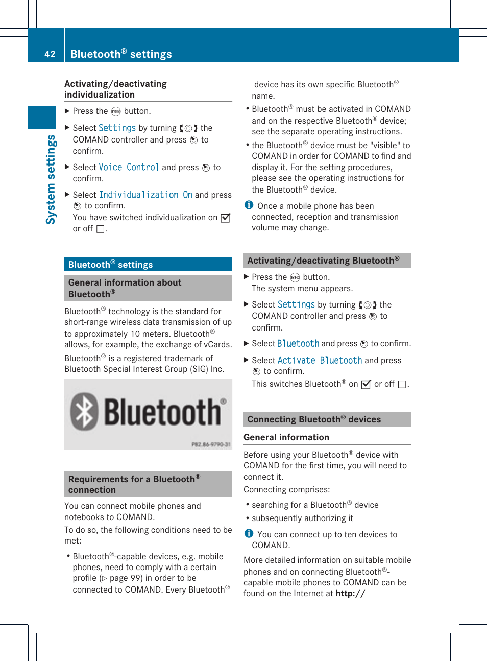 System settings, Bluetooth, Settings | Mercedes-Benz GLK-Class 2012 COMAND Manual User Manual | Page 44 / 182