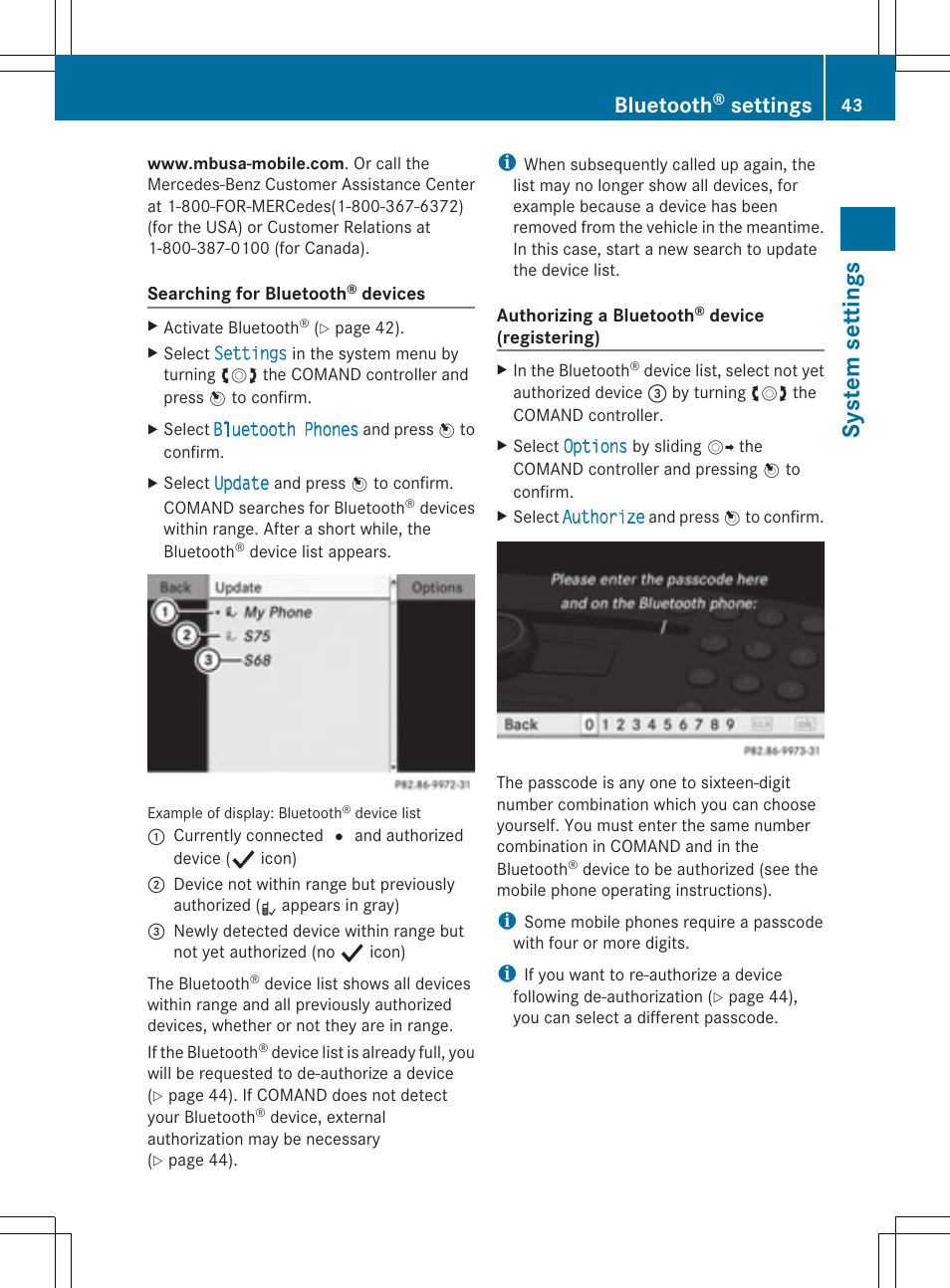 System settings, Bluetooth, Settings | Mercedes-Benz GLK-Class 2012 COMAND Manual User Manual | Page 45 / 182