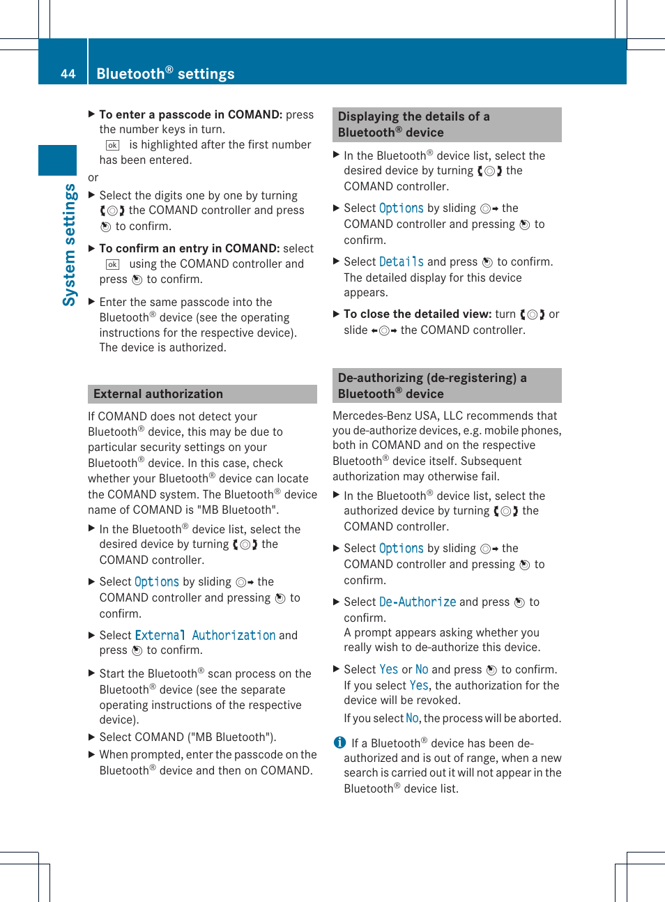 System settings, Bluetooth, Settings | Mercedes-Benz GLK-Class 2012 COMAND Manual User Manual | Page 46 / 182