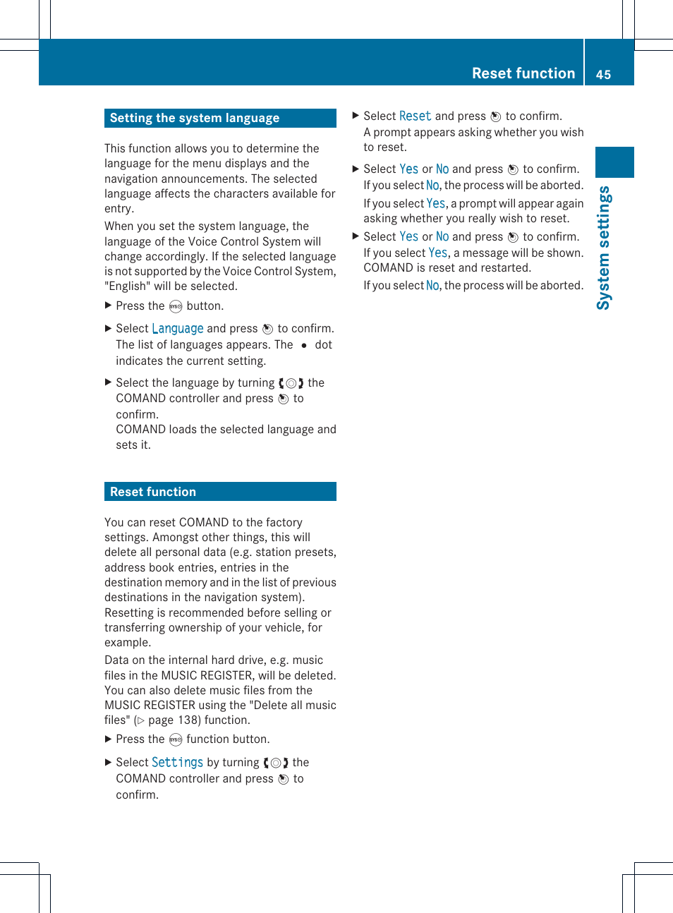 System settings, Reset function | Mercedes-Benz GLK-Class 2012 COMAND Manual User Manual | Page 47 / 182