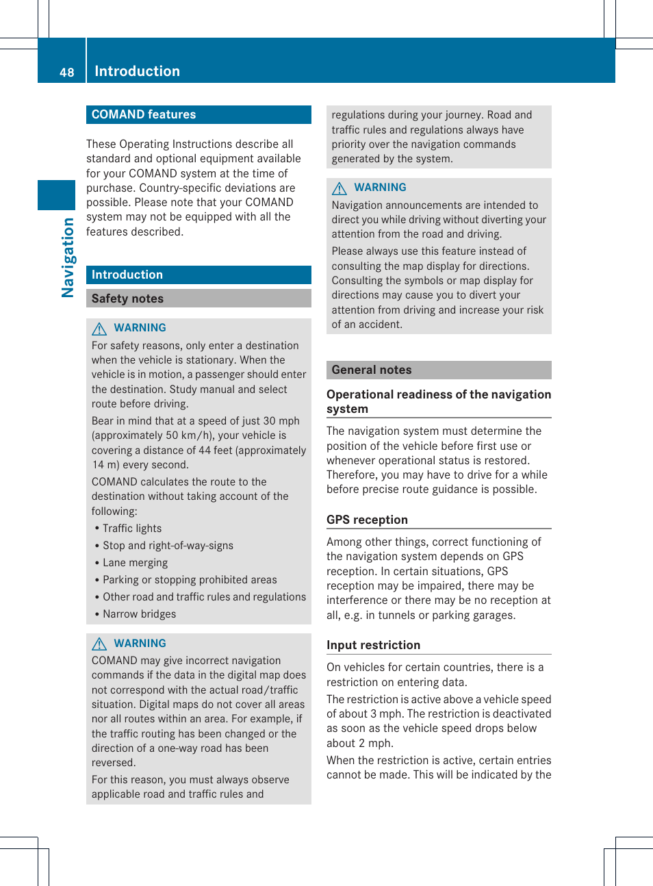 Na vigat ion, Introduction | Mercedes-Benz GLK-Class 2012 COMAND Manual User Manual | Page 50 / 182