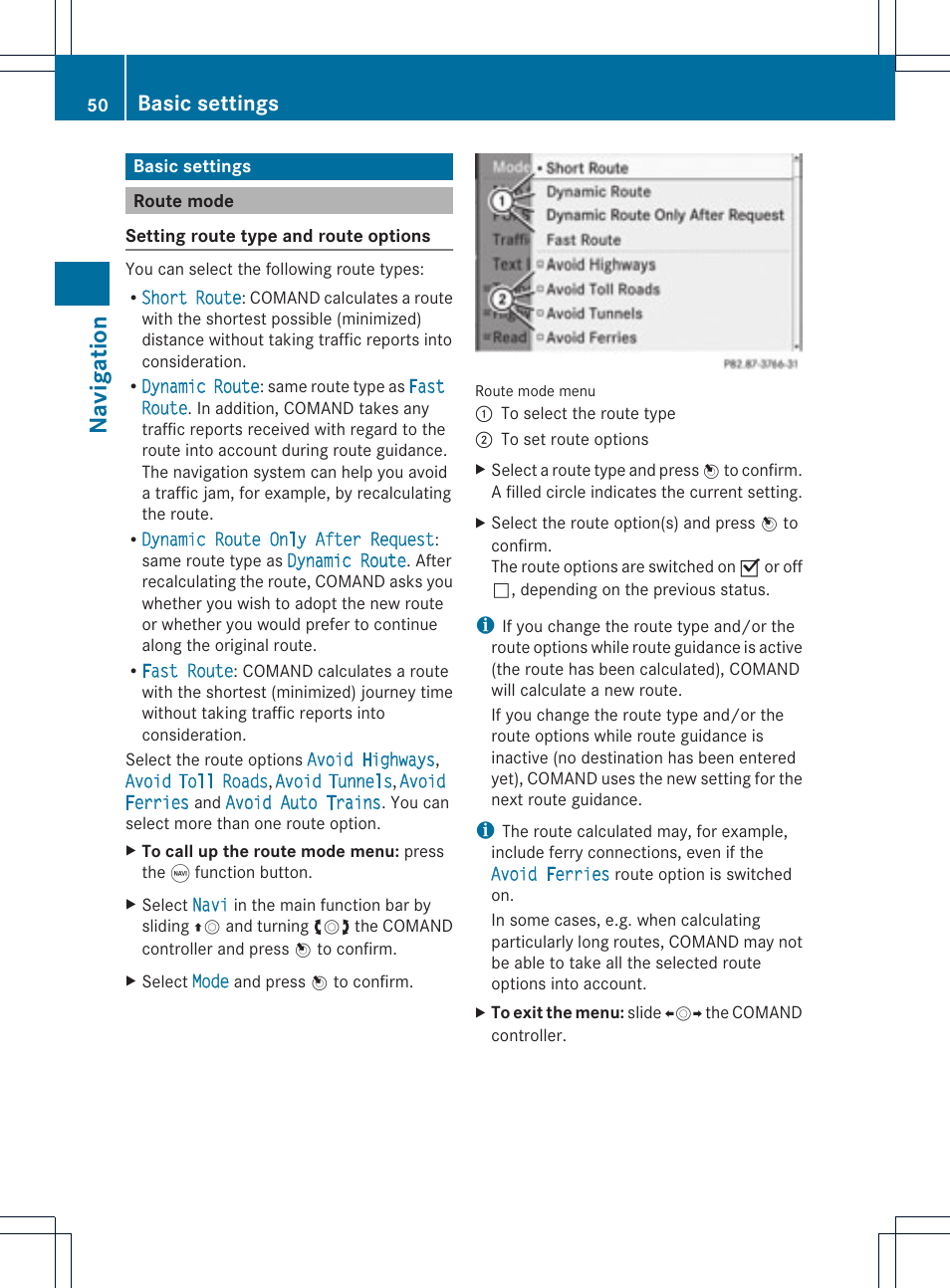 Navigat ion, Basic settings | Mercedes-Benz GLK-Class 2012 COMAND Manual User Manual | Page 52 / 182