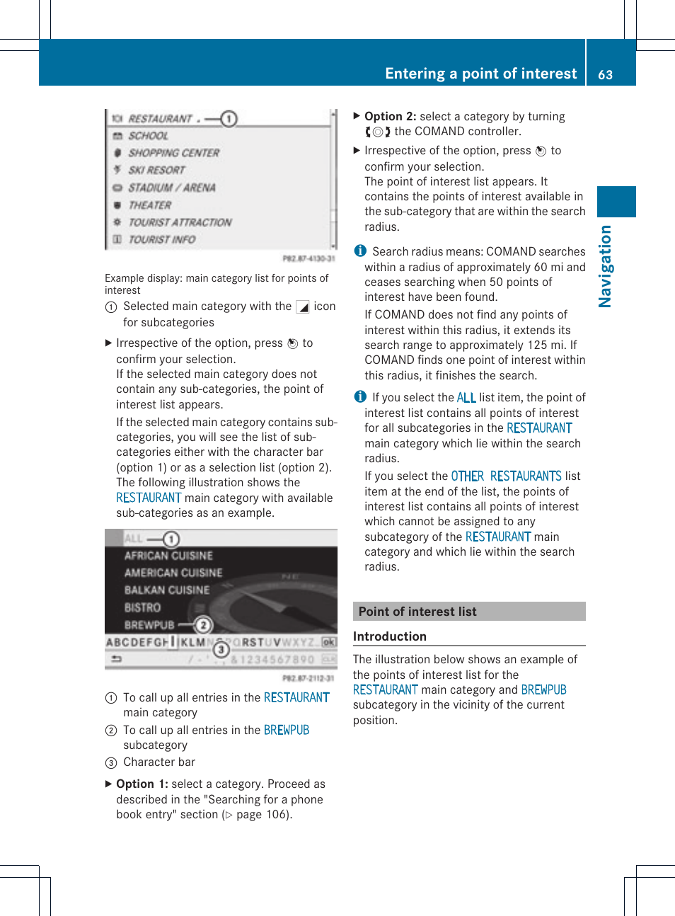 Navi ga tio n, Entering a point of interest | Mercedes-Benz GLK-Class 2012 COMAND Manual User Manual | Page 65 / 182