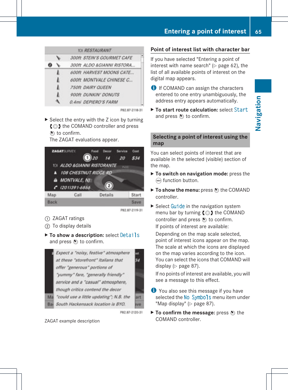 Navi ga tio n, Entering a point of interest | Mercedes-Benz GLK-Class 2012 COMAND Manual User Manual | Page 67 / 182