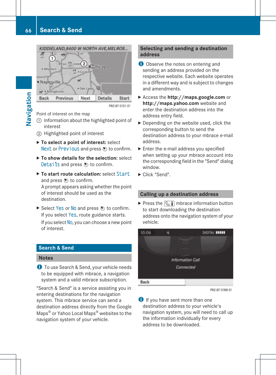Navi ga tio n, Search & send | Mercedes-Benz GLK-Class 2012 COMAND Manual User Manual | Page 68 / 182
