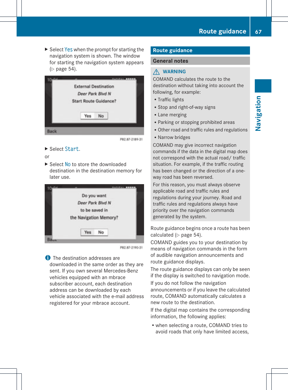 Na vigation, Route guidance | Mercedes-Benz GLK-Class 2012 COMAND Manual User Manual | Page 69 / 182