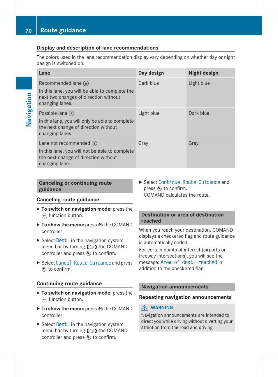 Navigat ion, Route guidance | Mercedes-Benz GLK-Class 2012 COMAND Manual User Manual | Page 72 / 182