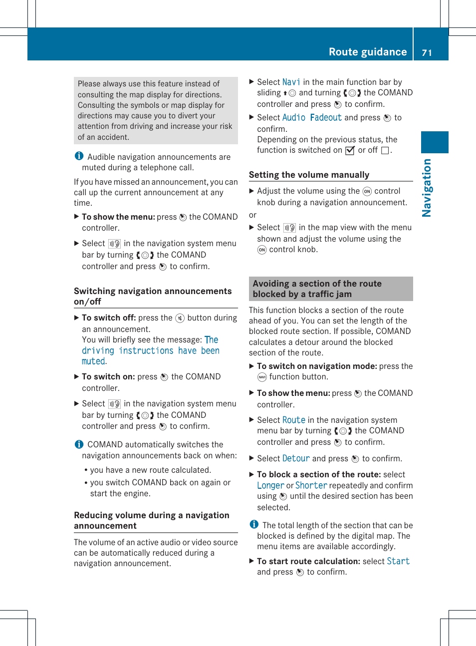 Navigat ion, Route guidance | Mercedes-Benz GLK-Class 2012 COMAND Manual User Manual | Page 73 / 182